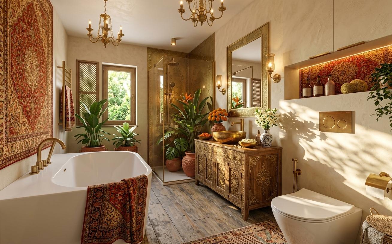 An incredibly lifelike, richly detailed, interior photo of a luxurious bathroom set in a sophisticated private residence. The scene is illuminated by a warm, inviting glow that emanates from strategically placed spotlights and the diffused sunlight streaming through the window, creating an opulent and spiritual atmosphere. Captured with a wide-angle lens, emphasizing the rich textures and intricate details of the Indian-inspired decor, this reimagined bathroom celebrates vibrant exuberance. The original sleek modernism is entirely transformed. Walls are now adorned with large-scale Indian textile wall art, featuring intricate patterns in shades of rich reds, oranges, and golds that pop against a backdrop of cream-colored, hand-plastered walls. Instead of the minimalist wood vanity, a heavily carved wooden cabinet with ornate brass inlay now anchors the space, its surface adorned with handcrafted brass bowls and ceramic vases filled with exotic blooms. The freestanding tub remains, but its stark white form is softened by a richly patterned, hand-loomed Indian rug draped artfully around its base. The shower enclosure is reimagined with etched brass panels, echoing the ornate details of the vanity, and is filled with lush indoor plants that spill from decorative terracotta pots. Copper accents are replaced with warm, polished brass, and the lighting fixtures themselves are now handcrafted brass chandeliers and sconces, enhancing the opulent and spiritual feel. The overall effect is a harmonious blend of traditional Indian craftsmanship and modern functionality, creating a sanctuary that feels both deeply calming and vibrantly alive, perfect for a serene morning ritual or a relaxing evening soak as the golden hour sun casts dancing shadows through the leaves of the indoor plants.