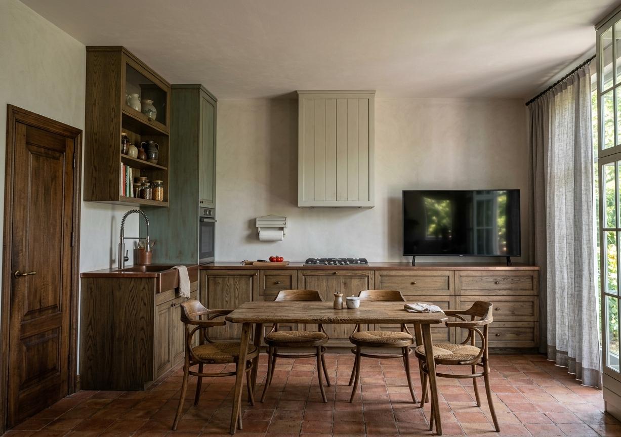 An incredibly lifelike, richly detailed, interior photo of a rustic kitchen set in a cozy home. The scene is illuminated by soft, ambient light filtering through a large window, creating a warm and inviting atmosphere. Captured with a wide-angle lens, emphasizing the organic textures of the wooden dining table and chairs, the subtle grain of the cabinetry, and the metallic gleam of the faucet. The composition leads the eye from the dark-paneled door on the left, across the functional yet stylish kitchen island with its deep basin sink and modern faucet, to the inviting dining area. The sleek black television mounted above the cabinetry adds a contemporary touch, contrasting with the rustic elements and hinting at a relaxed lifestyle. A floor-to-ceiling window on the right, draped with soft, grey curtains, offers a glimpse of lush greenery outside, further enhancing the rustic charm and connection to nature. The overall impression is one of a well-loved, lived-in space, trending on Pinterest for its achievable rustic elegance.