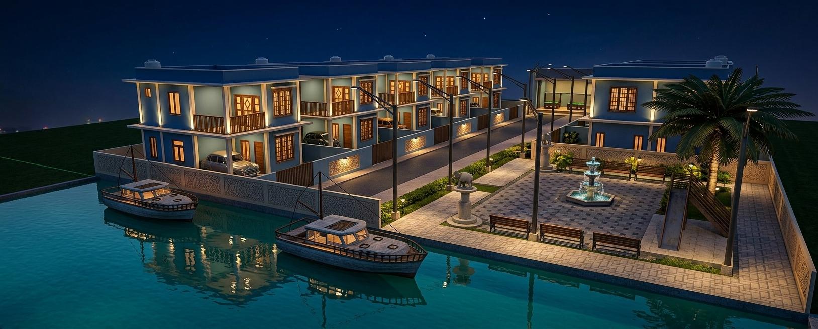 An incredibly lifelike, richly detailed, photorealistic exterior night render of a luxurious waterfront residential complex in a vibrant Indian setting. The scene is dramatically illuminated by warm LED facade lighting, casting a sophisticated glow on the modern, blue-hued townhouses, with soft amber light emanating from within, hinting at lively interiors. Pathway lights and carefully placed garden lighting accentuate the manicured courtyard, highlighting a charming fountain and elegant benches, while a majestic palm tree adds a tropical touch. The glossy surfaces of boats docked in the serene aqua-colored canal shimmer with realistic reflections, and sharp shadows create a high-contrast, cinematic atmosphere, enhanced by ambient occlusion and HDR effects. Captured with a wide-angle lens, the composition emphasizes the geometric precision of the architecture and its integration with the idyllic summer night, evoking a sense of opulent Indian exuberance.