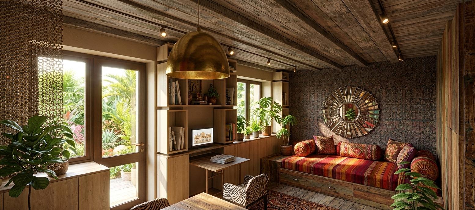 An incredibly lifelike, richly detailed, photorealistic interior photo of a vibrant bedroom set in a sun-drenched summer afternoon. The scene is illuminated by a warm midday sun pouring in through large glass doors and windows, creating a lively and inviting atmosphere. Captured with a wide-angle lens, emphasizing the rich textures and intricate details of Indian-inspired decor, this photograph feels as if lifted from a high-end interior design book. Dominating the space is a built-in wooden daybed, its cushions a riot of colorful stripes in shades of rich reds, oranges, and golds, evoking a sense of Indian exuberance. Flanking the bed, walls are adorned with textured, subtly mottled wallpaper, reminiscent of traditional Indian textiles, complemented by a striking circular mirror that adds a touch of opulence. Above, the ceiling features distressed wood beams, a counterpoint to the sleek, modern track lighting that casts focused beams. To the left, a modular arrangement of light-wood cabinetry offers a striking contrast, punctuated by a wall-mounted screen displaying architectural drawings. The earthy tones of the space are brought to life with the inclusion of several lush indoor plants. The overall impression is one of a boldly decorated, handcrafted space, brimming with spiritual and ornate beauty, where every surface tells a story of meticulous detail and warm, opulent design.