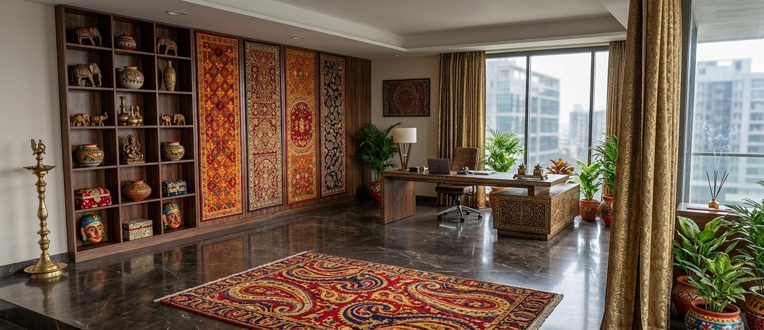 An incredibly lifelike, richly detailed, photorealistic interior photo of a luxurious living room set in a modern urban apartment. The scene is illuminated by soft, ambient light filtering in from large windows, creating a warm and inviting atmosphere with hints of an overcast day outside. Captured with a wide-angle lens, emphasizing the expansive nature of the room and the interplay of rich textures and bold colors. The space, imbued with Indian exuberance, features walls adorned with vibrant, handcrafted Indian textile wall art in shades of rich reds, oranges, and golds, creating a spiritual and ornate focal point. Carved wooden and brass furniture, with intricately adorned surfaces, provides seating and accent pieces, while numerous indoor plants add life and a sense of tranquility. The flooring is a polished marble, reflecting the light and complementing the opulent, handcrafted decor. The overall impression is one of luxurious comfort, a fusion of contemporary design and the vibrant, textured beauty of Indian-inspired elements, much like a spread from a high-end interior design photography book.