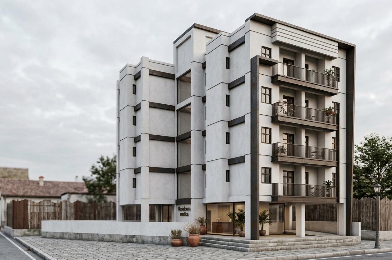An incredibly lifelike, richly detailed, architectural photo of a multi-story residential building with a rustic exterior, set against a soft, overcast sky. The scene is illuminated by diffused natural light, creating a calm and inviting atmosphere. Captured with a wide-angle lens, emphasizing the building's modern yet humble facade, likely constructed with a combination of white stucco and dark metal accents, and featuring numerous balconies and regularly spaced windows. The composition highlights the stepped massing of the structure, with a prominent corner element adorned with horizontal banding and recessed balconies. The base of the building appears to open up with covered walkways and glimpses of a potentially rustic interior design within. The surrounding context is understated, suggesting a suburban or semi-urban environment, with a hint of a paved pathway in the foreground, hinting at the building's integration into its locale. The rendering would showcase subtle textures on the facade, the precise framing of windows, and the deep shadows cast by the projecting balconies, adding a sense of depth and realism.