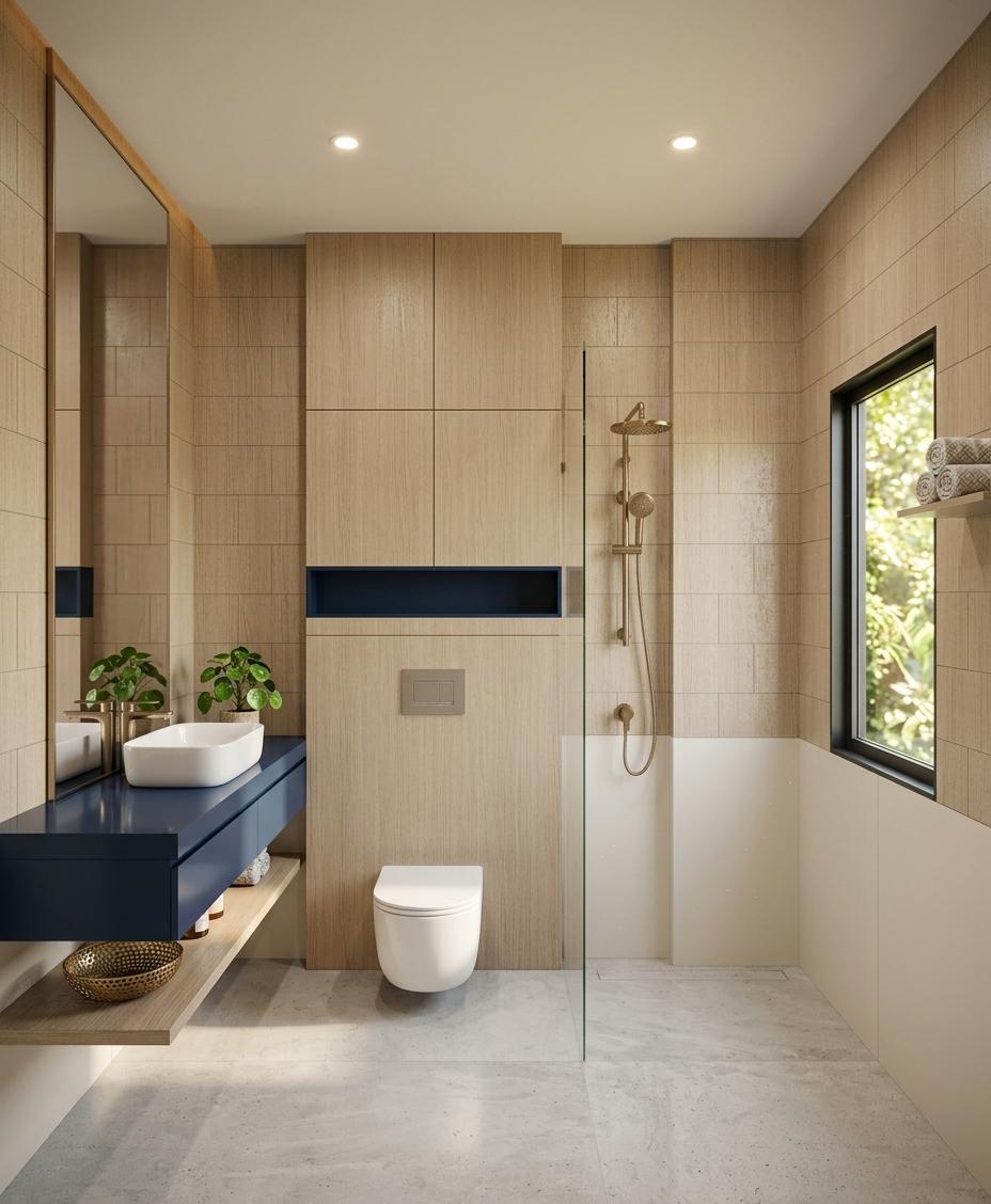 An incredibly lifelike, richly detailed, photorealistic interior photo of a contemporary Indian-style bathroom with modern accents, set in a sun-drenched summer midday. The scene is illuminated by a combination of warm, ambient daylight filtering in and soft, recessed lighting, creating a serene and inviting atmosphere. Captured with a wide-angle lens, this rendering emphasizes the luxurious textures of the beige, wood-effect wall tiles that extend halfway up the walls, contrasting beautifully with the smooth, off-white lower wall panels and the seamless, light grey floor. A sleek, floating vanity with a dark blue countertop and a modern, rectangular white sink is a central feature on the left, mirroring the tall, integrated storage unit above the toilet, which is clad in the same warm beige material as the upper walls. The embedded toilet, with its clean lines, further contributes to the modern aesthetic, while the overall palette of beige, dark blue, and off-white, combined with subtle patterned tiles and a sense of spaciousness, hints at a refined Indian exuberance reinterpreted through a contemporary lens. The composition draws the eye towards the vanity and toilet area, with a minimalist black-framed window on the right offering a glimpse of an implied outdoor summer scene, enhancing the depth and realism of the space.