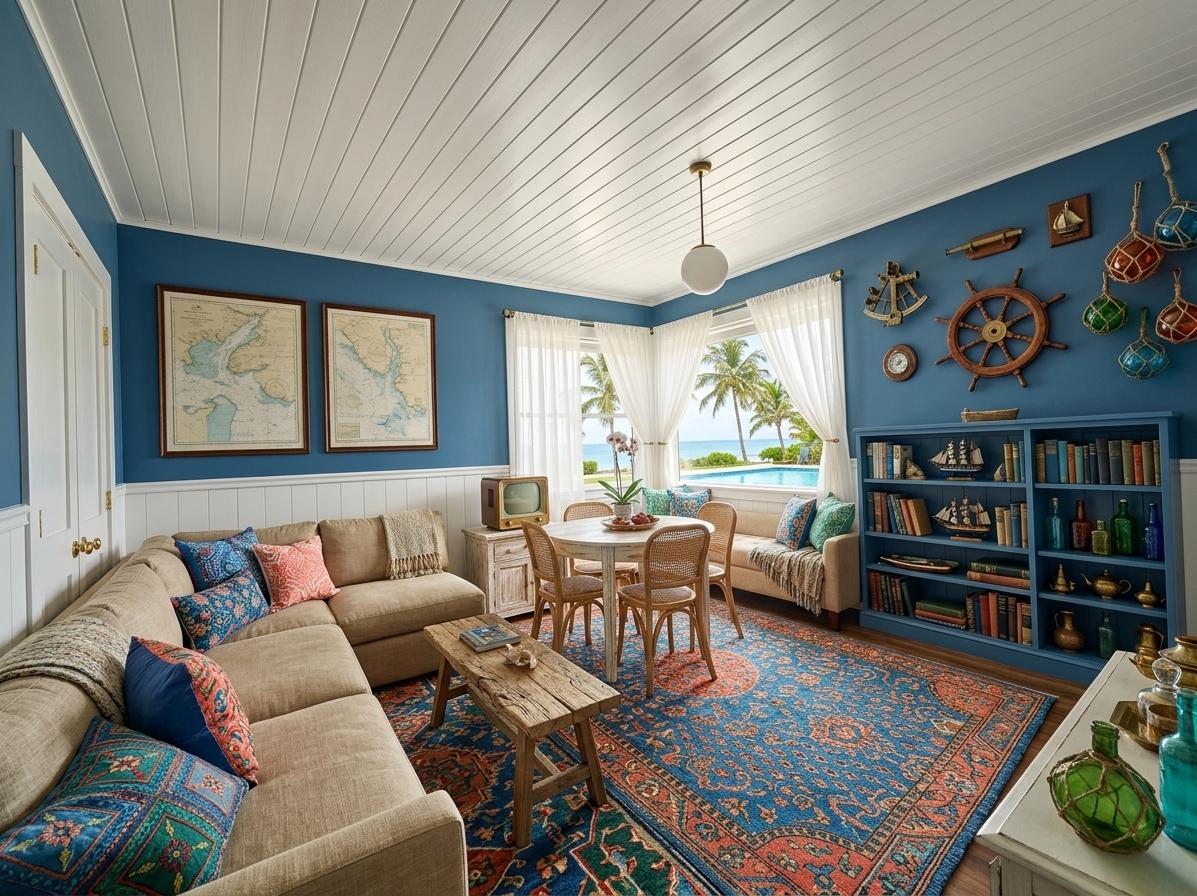 An incredibly lifelike, richly detailed, photorealistic interior photo of a seaside living room set in a coastal home during a bright midday in summer. The scene is illuminated by warm, diffused natural light streaming through sheer white curtains, creating a vibrant and energetic atmosphere. Captured with a wide-angle lens, emphasizing the interplay of rich textures and the splashes of color that define this eclectic Indian exuberance meeting a vintage marine style from the sea.

The original design, while functional, leans towards a dated aesthetic. Our reimagined space will embrace a vintage marine style with an infusion of Indian exuberance, creating a lively yet serene retreat. The patterned, textured ceiling will be replaced with a clean, white shiplap, reminiscent of a ship’s hull, and walls will be painted a calming deep ocean blue, punctuated by crisp white wainscoting. Instead of the current floral wallpaper, we'll incorporate subtle nautical motifs through custom tile work or framed sea charts. The worn wooden furniture will be either refinished in a distressed white wash with brass accents or replaced with pieces that echo sea-worn driftwood. The large, patterned rug will be swapped for a hand-knotted Persian rug in vibrant blues, reds, and oranges, its intricate patterns offering a nod to the "Indian exuberance." The sofa will be reupholstered in a durable, striped linen in shades of coral and navy, while accent chairs will feature sun-faded turquoise velvet.

Imagine stepping into this room on a bright summer afternoon. The air feels warm and slightly salty, even if you're miles from the coast. Sunlight, softened by the sheer curtains, casts a gentle glow, highlighting the rich textures of the vintage marine accents. A faint scent of sea-breeze and maybe a hint of exotic spices from the Indian textiles fills the air, promising relaxation and adventure. The setting is a comfortable living room, perfect for unwinding after a day of exploring the shore or as a vibrant hub for lively conversations with friends.

The composition of this reimagined space will prioritize an open and inviting flow. The bed currently dominating the left side will be replaced by a deep, comfortable sectional sofa in a sandy beige linen, facing a reclaimed wood coffee table. To the right, the wooden cabinet will be replaced by a custom-built, built-in bookshelf system painted a nautical blue, housing a collection of vintage travel books and decorative maritime artifacts. A small, round, glass-top table with four rattan chairs will be placed closer to the window, creating a cozy dining or game-playing nook. The existing Persian rug will anchor the seating area, its bold patterns drawing the eye and infusing the space with energy.

Outside the sheer curtains, imagine a vibrant scene: mature palm trees swaying gently in the summer breeze, their fronds casting dancing shadows on a sun-drenched turquoise swimming pool. Beyond that, a glimpse of the endless blue ocean, its gentle waves lapping at a sandy shore, creates a breathtaking backdrop that seamlessly integrates with the interior's marine theme. The natural light, filtered through the palm leaves, will add an almost dappled effect to the room, enhancing the sense of tranquility.

The reimagined interior will feature a palette dominated by deep ocean blues, crisp whites, and vibrant accent colors like coral red, mustard yellow, and emerald green, drawing inspiration from both the sea and Indian textiles. The finishes will include white-washed wood, natural rattan, polished brass accents, and textured linen fabrics. Functional areas will include a comfortable lounging space, a dedicated dining/game area, and ample storage within the built-in shelving. A unique design element could be a large, vintage ship's wheel mounted on the wall or an eclectic collection of colorful glass bottles, reminiscent of sea-worn treasures, displayed on the mantelpiece.

The proportions of the room will feel balanced, with the larger sectional sofa providing a sense of grounding. The placement of furniture will create clear pathways and distinct functional zones, enhancing the human scale and usability of the space. Asymmetry will be employed in the decorative elements, like the varied sizes and styles of framed nautical prints and the scattered, colorful cushions on the sofa, to create a visually dynamic yet harmonious composition. The overall effect will be a space that feels both expansive and intimate, functional and artistically rich, inviting occupants to relax, entertain, and soak in the vibrant, seaside ambiance.