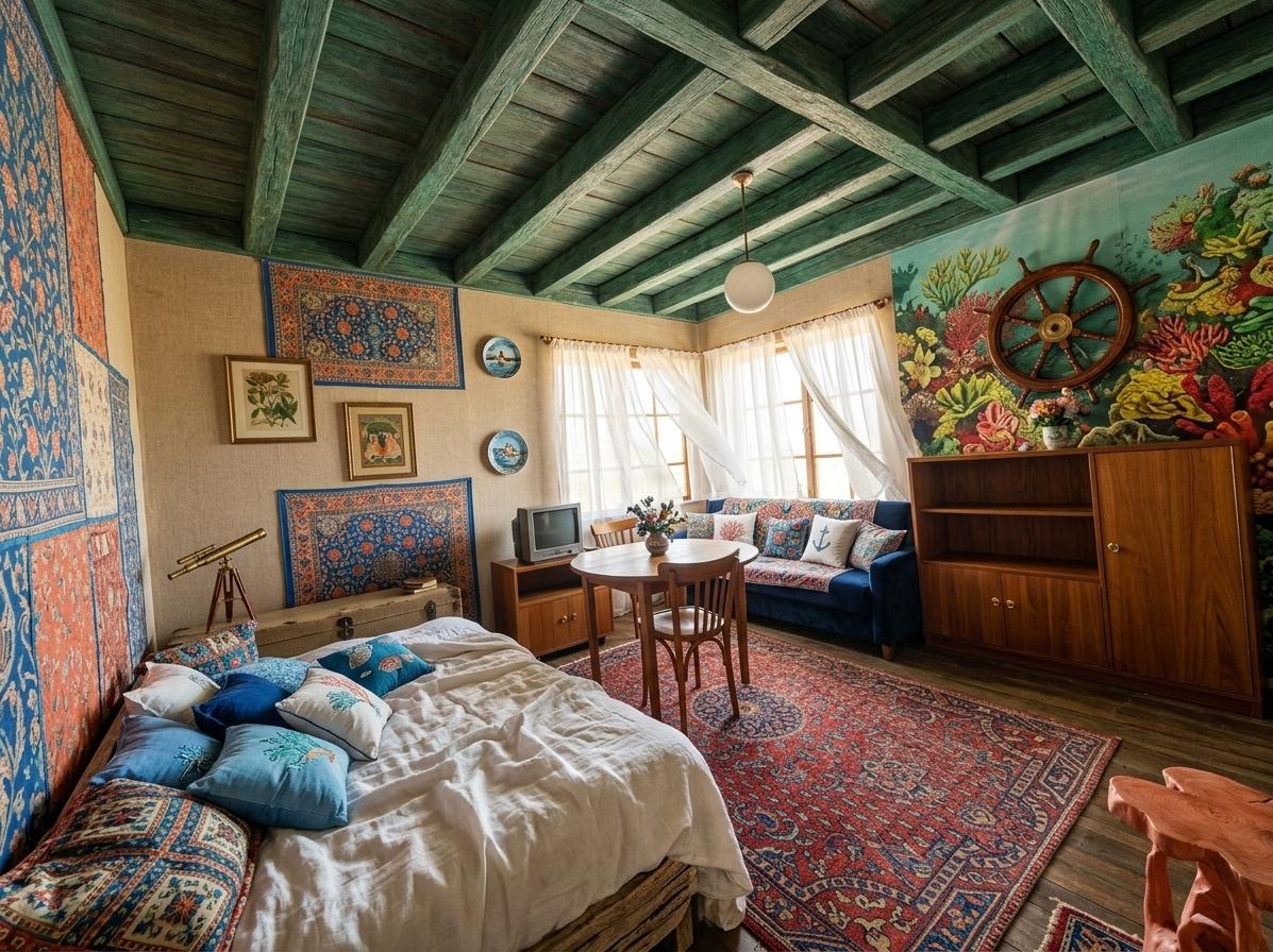 An incredibly lifelike, richly detailed, photorealistic interior photo of a bedroom set in a coastal villa. The scene is illuminated by warm midday summer sun, creating a vibrant yet tranquil atmosphere. Captured with a wide-angle lens, emphasizing the rich textures of a reimagined marine-inspired design. This space awakens with "Indian exuberance" through a bold, eclectic fusion of vintage elements and oceanic motifs. The ceilings are removed, revealing exposed wooden beams stained a deep seafoam green, reminiscent of an ancient shipwreck. Walls are a textured expanse of sand-beige linen, accented by panels of intricate, hand-painted Indian textiles in shades of sapphire blue and coral orange. The original patterned wallpaper is replaced by a custom mural depicting a bustling coral reef, teeming with life in vivid reds, yellows, and emerald greens. The vintage sofa is reupholstered in a deep navy velvet, adorned with throw pillows in kaleidoscopic Indian block prints and crisp white linen with subtle nautical embroidery. A salvaged ship's wheel, polished to a gleam, serves as the centerpiece of the room, mounted above a custom-built bed frame crafted from driftwood. The bed itself is draped in a luxurious, sun-bleached white linen comforter, scattered with pillows in varying shades of ocean blue and accented with embroidered sea creatures. A vintage brass telescope rests on a bedside table made from an upcycled chest, ready to explore the boundless horizon. The floor is covered in a richly patterned, hand-knotted wool rug in deep reds and blues, its intricate designs echoing the opulence of Indian palaces and the swirling patterns of ocean currents. Large, sheer white curtains, reminiscent of billowing sails, frame the windows, allowing diffused light to play across the room and casting dancing shadows that mimic the rhythm of the waves. The original wooden furniture is replaced with pieces that exude a more refined yet still rustic charm; a sleek teak dresser with polished brass hardware and a delicate side table carved from a single piece of coral-hued wood. The atmosphere is that of a serene summer midday, a tranquil escape that transports you from the bustling world outside to a mesmerizing underwater kingdom, where vintage charm meets the vibrant spirit of coastal India.