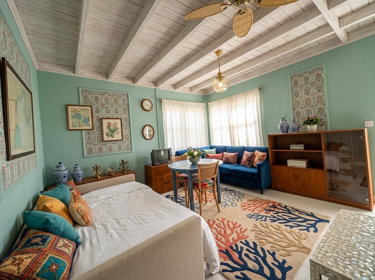 An incredibly lifelike, richly detailed, photorealistic interior photo of a coastal living room set in a serene summer home. The scene is illuminated by soft midday sunlight streaming through sheer white curtains, creating a warm and inviting atmosphere. Captured with a wide-angle lens, emphasizing the vibrant textures and playful patterns that blend marine style with Indian exuberance. The reimagined space bursts with a rich color palette of deep blues, fiery reds, lush greens, sunny oranges, and golden yellows, all grounded by crisp white accents. The textured, rosewood-paneled ceiling is replaced with a whitewashed wooden beam ceiling, reminiscent of a ship's hull. The patterned wallpaper is swapped for walls painted a calming seafoam green, accented with select panels of intricate Indian block prints. A plush, L-shaped sofa in a deep sapphire blue velvet is adorned with kilim pillows in vibrant geometric patterns and embroidered Indian motifs. Across from it, a vintage teak sideboard is repurposed as a media console, its surface displaying an eclectic collection of ceramic blue and white ginger jars and brass nautical accents. The worn oriental rug is replaced with a hand-knotted wool rug featuring a stylized coral reef design in coral, navy, and sandy beige. The bed is now a daybed upholstered in a soft linen, layered with crisp white bedding and throw pillows in shades of teal and saffron. A circular dining table with a distressed blue finish is surrounded by four woven rattan chairs, each topped with a cushion in a vibrant madras print. A collection of vintage nautical charts and framed botanical prints of coastal flora adorn the walls. The room is further enhanced by strategically placed floor lamps with woven abaca shades, casting a gentle glow, and a ceiling fan with bamboo blades that creates a gentle summer breeze. Sunlight washes over the space, reflecting off polished brass accents and the subtle shimmer of mother-of-pearl inlays on a small side table. The overall effect is a harmonious blend of coastal serenity and bohemian vibrancy, a space that feels both lived-in and luxuriously comfortable, perfect for enjoying a lazy summer afternoon with the scent of the sea drifting in from an unseen balcony.