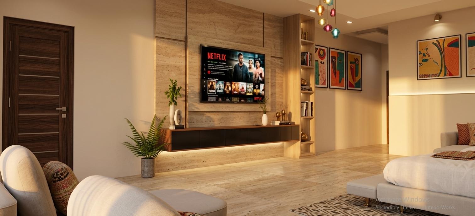 An incredibly lifelike, richly detailed, photorealistic interior photograph of a master bedroom designed with a touch of Indian exuberance. The scene is illuminated by the warm, diffused glow of sunset, casting long shadows and creating a serene, inviting atmosphere perfect for a summer evening. Recessed strip lighting beneath the TV console panels and subtle backlighting around the framed artwork contribute to the ambiance, while chic, multi-colored pendant ceiling lights add playful splashes of color and character. The focal point is a large, wall-mounted television displaying a vibrant Netflix interface, set against a subtly textured, natural stone-effect wall paneling. Below, a sleek, dark-fronted media console with a warm wood trim offers ample storage. Adjacent to this, a tall, open shelving unit with a light wood finish displays a collection of colorful, abstract framed art, adding a modern yet eclectic flair. Across the room, a plush king-size bed with crisp white linens takes center stage, complemented by a minimalist bedside bench and a patterned rug. The rich, dark wood of the interior door on the left adds a grounding element, contrasting with the light, airy feel of the rest of the space. The overall composition, captured with a wide-angle lens to emphasize the spaciousness and the interplay of light and shadow, highlights the luxurious textures and sophisticated palette of this elegantly appointed bedroom.
