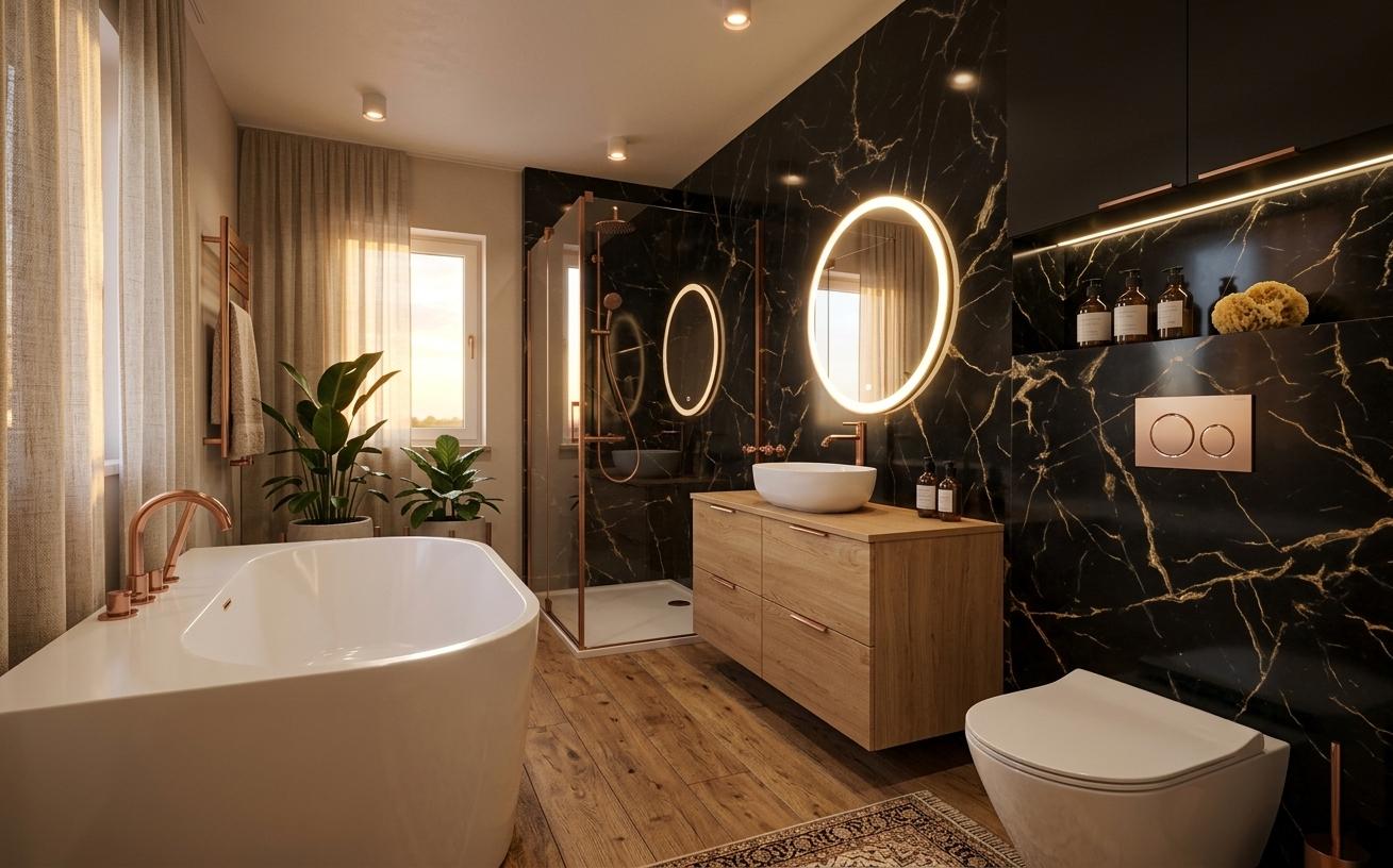 An incredibly lifelike, richly detailed, photorealistic interior photo of a luxurious hotel salon kąpielowy set in an upscale contemporary residence. The scene is illuminated by the soft, warm glow of a golden hour sunset filtering through a window, complemented by the halo-like radiance of two large, circular backlit mirrors and discreet recessed ceiling spotlights, creating a serene and mystical atmosphere with a hint of Moroccan mystique. Captured with a professional wide-angle architectural lens, the image emphasizes the striking contrast between organic wood textures and polished stone surfaces. A dramatic feature wall of deep black marble with intricate gold and white veining serves as a sophisticated backdrop for a floating light-oak vanity and a minimalist white vessel sink. To the left, a sculptural white freestanding soaking tub is fitted with elegant rose-gold hardware, mirrored by the sleek copper fixtures in the illuminated glass shower stall and the modern towel warmer. Lush potted greenery near the window adds a vibrant, natural touch, while the warm timber floorboards lead the eye through the perfectly balanced composition. Every detail, from the soft reflections on the marble to the rhythmic play of light and shadow, heightens the sense of depth and luxury in this high-end architectural sanctuary.