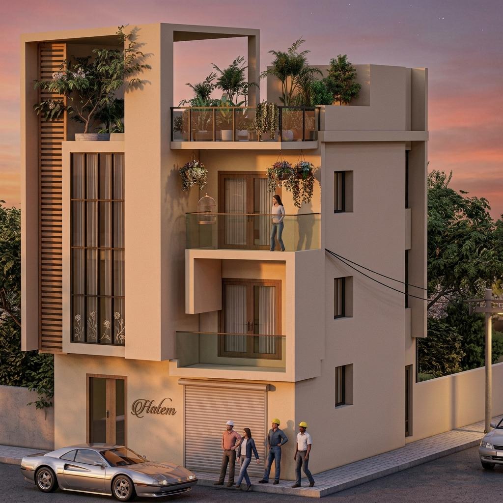 An incredibly lifelike, richly detailed, photorealistic architectural photo of a modern Indian multi-story house exterior set in a vibrant urban environment during a serene winter sunset. The scene is illuminated by the warm, golden hues of the setting sun, casting long shadows and creating a tranquil, inviting atmosphere. Captured with a wide-angle lens, it emphasizes the sharp geometric lines and varied textures of the building's facade, highlighting the contrast between the smooth, light beige stucco walls, the dark, grid-like pattern of the tall, narrow windows, and the natural wood accents bordering a prominent vertical section. A striking cantilevered balcony with a glass railing, adorned with a delicate birdcage and overflowing flower baskets, juts out from the second floor, adding a touch of organic beauty. Below, a sleek, silver sports car is parked on the street, its polished surface reflecting the diminishing twilight. A group of stylized figures stand near the entrance, hinting at the life within. The building's design is a fusion of minimalist modernism with elements of Indian exuberance, evident in the decorative floral motifs subtly integrated into a window pane and the overall dynamic composition. Above, faint stars are beginning to appear in the darkening sky with the faint glow of a lamp post adding to the twilight ambiance. The building's name, "Hatem," is subtly incorporated as a logo near the entrance.