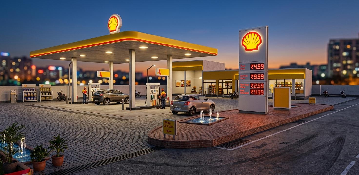 An incredibly lifelike, richly detailed, photorealistic exterior shot of a Shell branded gas station nestled within a bustling city context. The scene is illuminated by the warm glow of dusk, with the bright, inviting lights of the station's canopy and signage piercing through the twilight, creating a dynamic and welcoming atmosphere. Captured with a wide-angle lens from a slightly low perspective, emphasizing the grand scale of the canopy structure and the prominent Shell signs. Realistic renderings of cars are positioned at the fuel pumps, suggesting active service, with attendants visible, adding a human element to the scene. The pavement is rendered with a realistic cobblestone texture, contrasting with the smooth, painted concrete of the station building. The gas station building itself features prominent yellow accents and large glass windows, hinting at a well-stocked convenience store. A landscaped island with a small water feature ads a touch of serenity. In the background, the blurred lights and architecture of a distant city form a compelling bokeh, grounding the gas station in a vibrant urban environment. The overall impression is one of lively commerce and efficient service, imbued with a subtle yet palpable sense of Indian exuberance, visible in the richness of the colors and the overall energy of the scene.