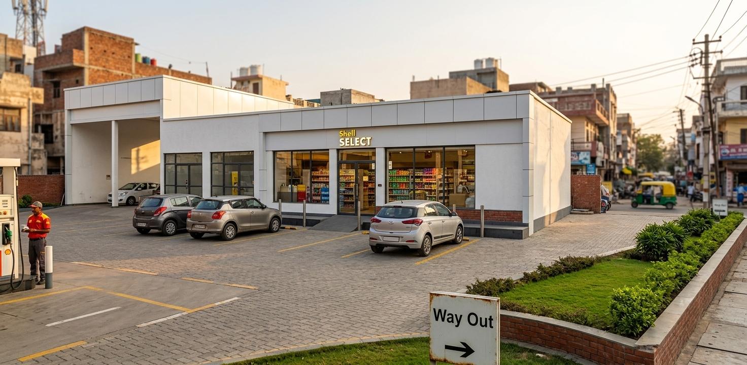 An incredibly lifelike, richly detailed, photorealistic exterior architectural photograph of a Shell Select convenience store with attached fuel pumps, set in a bustling Indian cityscape. The scene is illuminated by the warm glow of late afternoon sun, casting long shadows and creating a vibrant, inviting atmosphere. Captured with a wide-angle lens, emphasizing the clean, modern lines of the architecture against the dynamic urban backdrop, the rendering highlights the crisp white facade adorned with the iconic Shell yellow branding and prominent "Shell SELECT" signage. Large glass storefronts offer glimpses into a well-lit interior, suggesting a lively commercial space. Cars are neatly parked at fuel pumps, with attendants visible, adding a sense of activity. The foreground features a meticulously paved parking lot and a manicured green space with a "Way Out" sign. The overall impression is one of efficiency, modern retail, and the energetic spirit of an Indian urban environment.