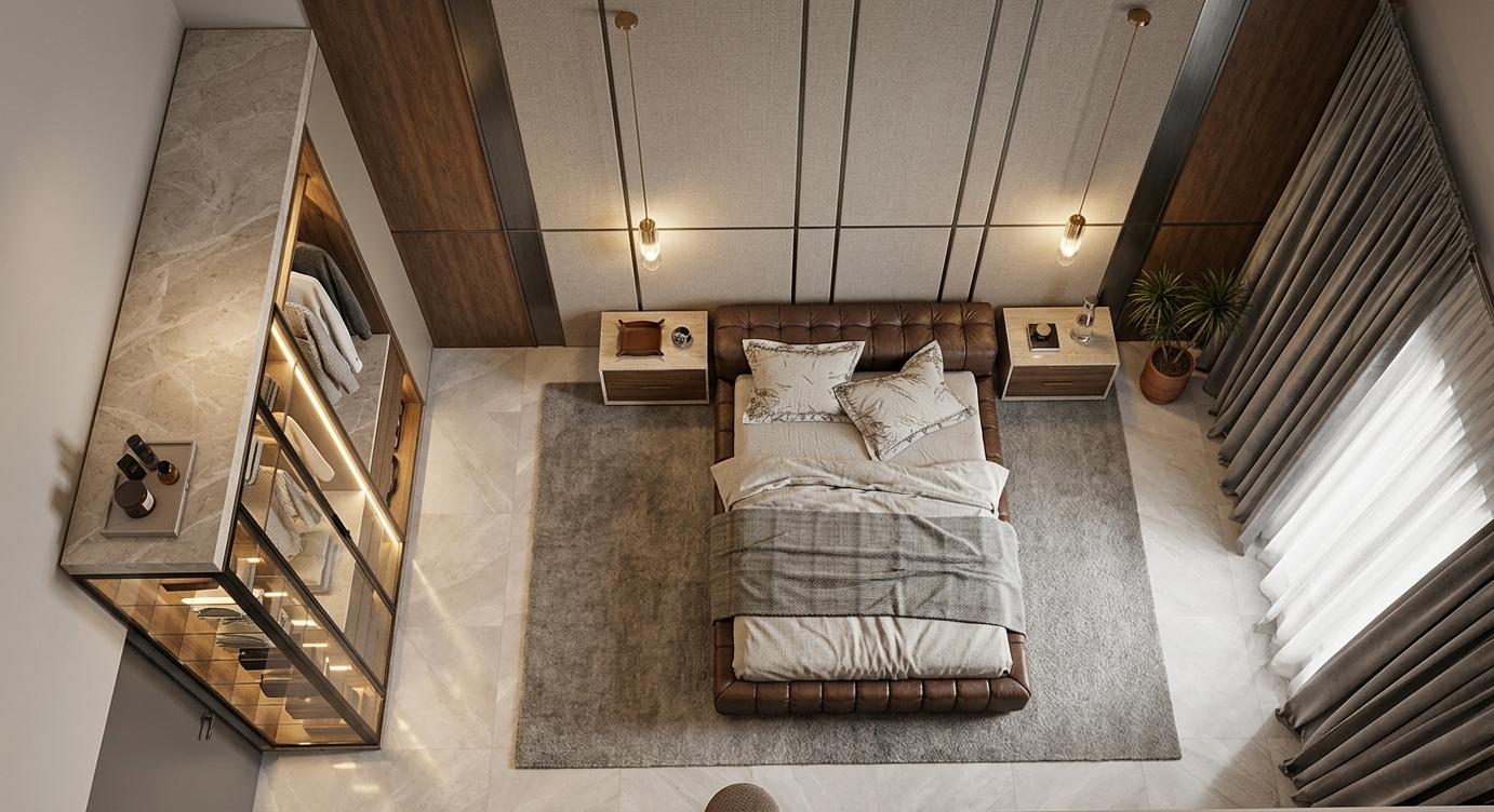 The photo showcases a luxurious bedroom with a sophisticated, modern aesthetic, presented as if it were a high-end architectural rendering. The space is bathed in soft, ambient light, suggesting a late afternoon glow filtering through the sheer, voluminous curtains that drape elegantly along the far wall. The focal point is a generously sized bed with a plush, tufted headboard, adorned with layered pillows and a textured throw, evoking a sense of ultimate comfort. Flanking the bed are minimalist nightstands, their clean lines contrasting with the rich textures of the space. The walls feature a striking design, a juxtaposition of warm, natural wood panels and sleek, dark grey accents, creating a contemporary yet inviting atmosphere. A large, textured rug anchors the seating area, its neutral tones harmonizing with the overall palette. To the left, a contemporary, open-plan wardrobe system with glass doors and visible shelving hints at curated storage. The flooring is a large-format, subtly patterned tile, reflecting the light and adding to the room's refined elegance. A single, modern pendant light hangs centrally above the bed, its minimalist design complementing the sophisticated decor. The overall impression is one of serene opulence and meticulous design, a private sanctuary designed for relaxation and style.