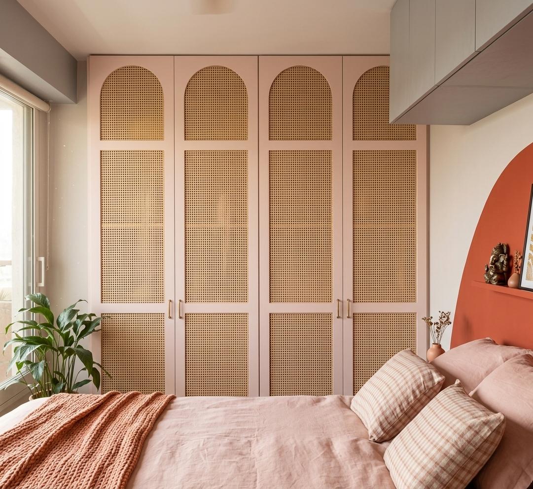 An incredibly lifelike, richly detailed, photorealistic interior architectural photograph of a bedroom set in a contemporary Indian-inspired living space. The scene is illuminated by soft, natural light filtering in from an unseen window, creating a warm and inviting atmosphere. Captured with a wide-angle lens, emphasizing the rich textures and intricate details of the bespoke rattan-fronted wardrobes and the vibrant terracotta archway behind the bed, the composition draws the eye across the serene, blush-pink bedding adorned with subtly checkered pillows and a textured peach throw. The dominant visual element is a series of tall, closed wardrobes, their pale pink frames housing panels of light rattan woven in an arched pattern, reminiscent of traditional Indian architectural motifs. To the right, a semicircular terracotta wall feature artfully frames a minimalist shelf holding framed art and a small plant, hinting at an opulent, handcrafted aesthetic with vibrant, bold spiritual undertones. The overall impression is one of curated warmth and tasteful exuberance, a modern interpretation of Indian exuberance through meticulously chosen materials and a harmonious color palette of rich reds, oranges, and golds.