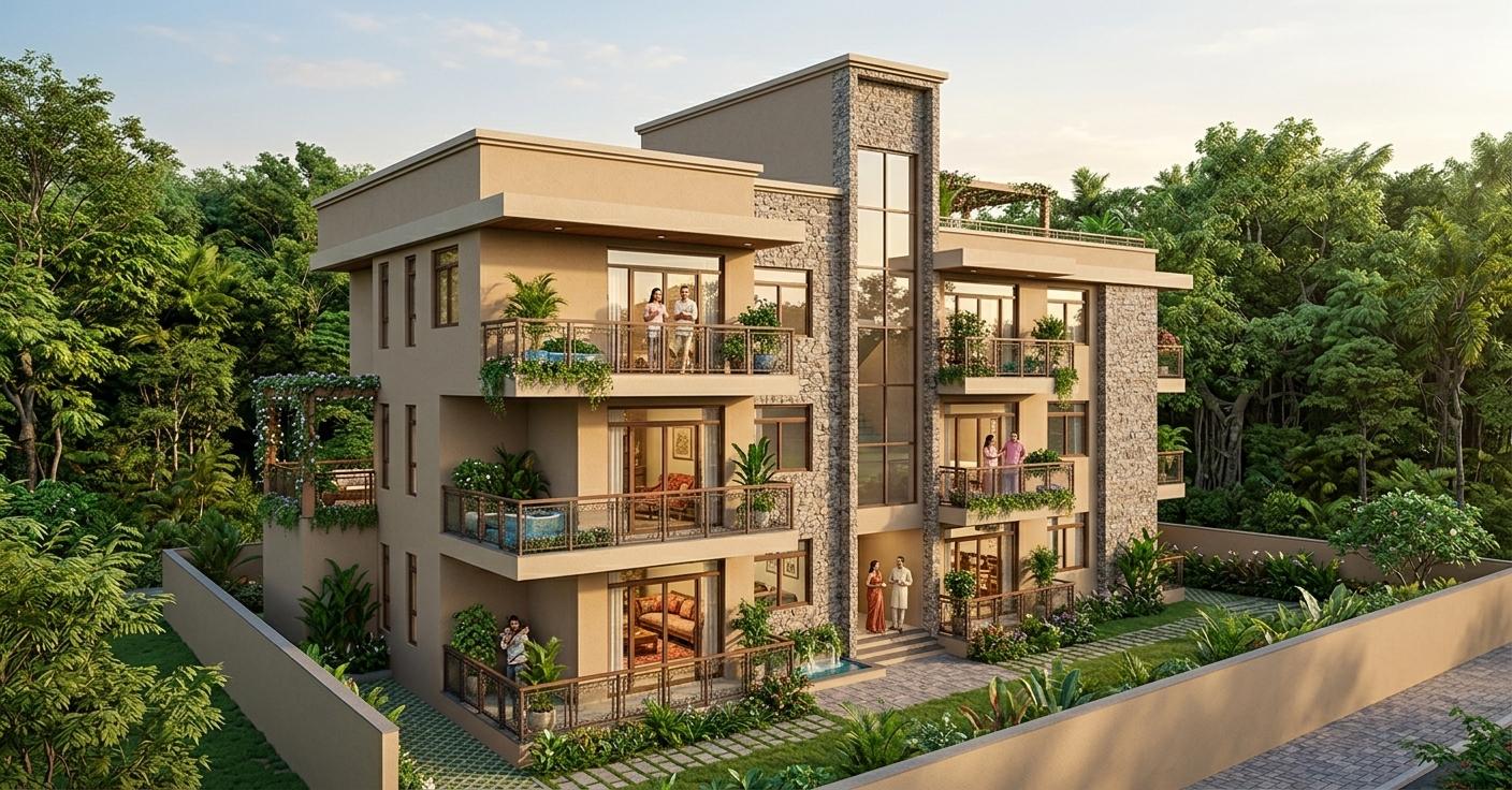 An incredibly lifelike, richly detailed, photorealistic architectural photograph of a modern multi-story apartment building set within a lush, verdant forest backdrop. The scene is illuminated by the warm glow of soft, ambient sunlight, creating a welcoming and serene atmosphere. Captured with a wide-angle lens, emphasizing the building's clean lines and the vibrant green textures of the surrounding foliage and manicured lawns, this rendering showcases the Indian exuberance in its lively design. Balconies adorned with potted plants and intricate stonework on the facade add visual depth and character, while subtle hints of people enjoying the outdoors on the balconies suggest a vibrant community. The detailed depiction of what appears to be a sun-drenched living room visible through large glass doors further enhances the sense of lived-in luxury. The composition expertly balances the architectural form with its natural environment, drawing the eye towards the warm, inviting entryway and the interplay of light and shadow across the building's various levels and the attached pergolas, hinting at a perfect blend of contemporary style and tropical paradise.