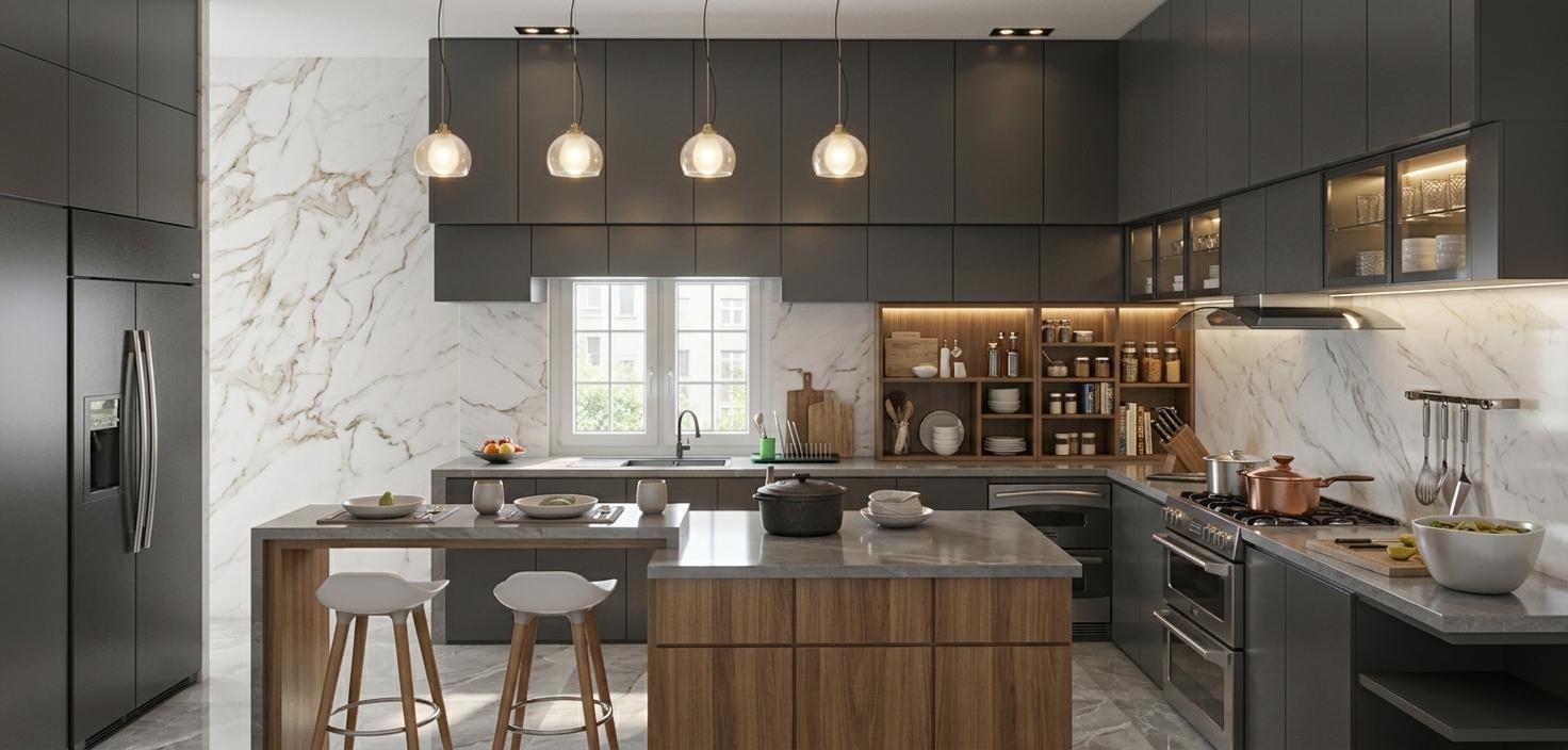 An incredibly lifelike, richly detailed, photorealistic interior photo of a modern kitchen set in a contemporary urban apartment. The scene is illuminated by soft midday spring light streaming through the large, white-framed windows, creating a bright and welcoming atmosphere. Captured with a wide-angle lens, emphasizing the sleek, dark grey cabinetry with glass front panels that subtly glow from internal lighting, and the striking white marble accent wall that adds a touch of opulent texture. The polished, reflective floor tiles mirror the overhead pendant lights that hang like luminous pearls, while light also emanates from within the upper cabinets, highlighting the stored kitchenware. A central island with a cool grey countertop and warm wood-paneled base anchors the space, complemented by modern stools with white seats and natural wood legs. The overall impression evokes a sense of sophisticated functionality and a subtle, yet vibrant, Indian exuberance through the fusion of bold textures and luxurious finishes.