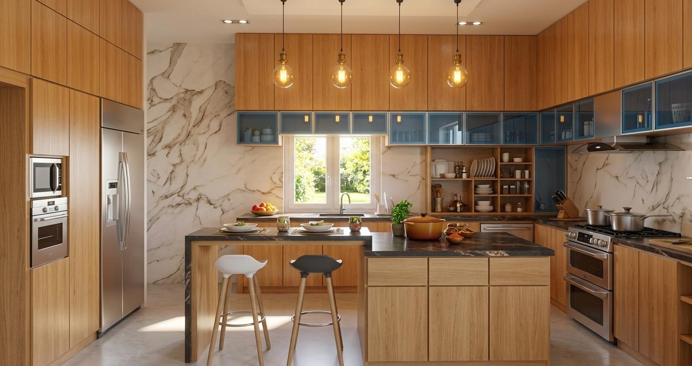 An incredibly lifelike, richly detailed, photorealistic interior photograph of a spacious, modern kitchen set within a sun-drenched home during a vibrant spring midday. The scene is illuminated by a combination of soft ambient light streaming through the windows and the warm glow of strategically placed ceiling bulbs, creating a welcoming and airy atmosphere, suggestive of Indian exuberance through its thoughtful design and subtle decorative touches. Captured with a wide-angle lens from a medium eye-level, emphasizing the seamless flow and luxurious finishes of the space, the rendering showcases the rich textures of the light-toned wood cabinetry, which are contrasted beautifully by the dramatic veining of the marble backsplash and countertops. Blue-tinted glass cabinet fronts subtly reflect the light, hinting at the organized contents within, while polished stainless steel appliances, including a large refrigerator and a built-in microwave and oven, add a sleek, contemporary edge. The central island, with its light wood finish and dark stone top, is adorned with a Dutch oven and plated dishes, suggesting a recent meal or preparation for one. Two modern bar stools, one in white and one in charcoal grey, are neatly tucked beneath the island, ready for use and adding a touch of graphic contrast. The overall composition is balanced and inviting, with prominent kitchen appliances and cabinetry drawing the eye, while softer elements like the fruit bowl on the counter and the neatly arranged dishware introduce a sense of lived-in comfort. The crisp focus on the materials and the interplay of light and shadow create a palpable sense of depth and realism, making this a truly aspirational vision of a modern Indian kitchen.