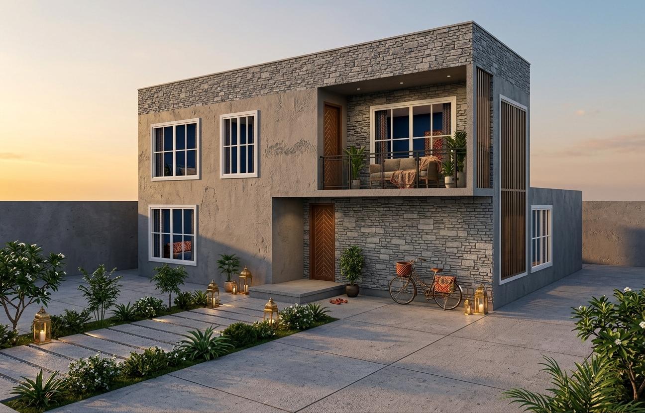 An incredibly lifelike, richly detailed, photorealistic exterior shot of a modern two-story residence set against the warm hues of a spring sunset. The scene is illuminated by the golden hour light, casting long shadows and creating a serene, inviting atmosphere that whispers of Indian exuberance. Captured with a wide-angle lens, emphasizing the building's strong geometric form, the rendering highlights the contrasting textures: the rough, "ruff and tuff" character of the grey-painted exterior walls immediately draws the eye, juxtaposed against the cool, sophisticated grey stacked stone that wraps around the upper facade and a portion of the ground floor. A sleek, modern driveway with manicured landscaping leads to a serene main entrance, marked by a charming wooden porch and a uniquely patterned door. The ample windows, framed in white, offer glimpses of deep blue interiors, reflecting the deepening sky. A delicate metal railing encloses a cantilevered balcony, adding a touch of contemporary elegance. The overall composition feels balanced and grounded, with the architectural marvel nestled harmoniously within its well-manicured surroundings, hinting at a luxurious and comfortable lifestyle.