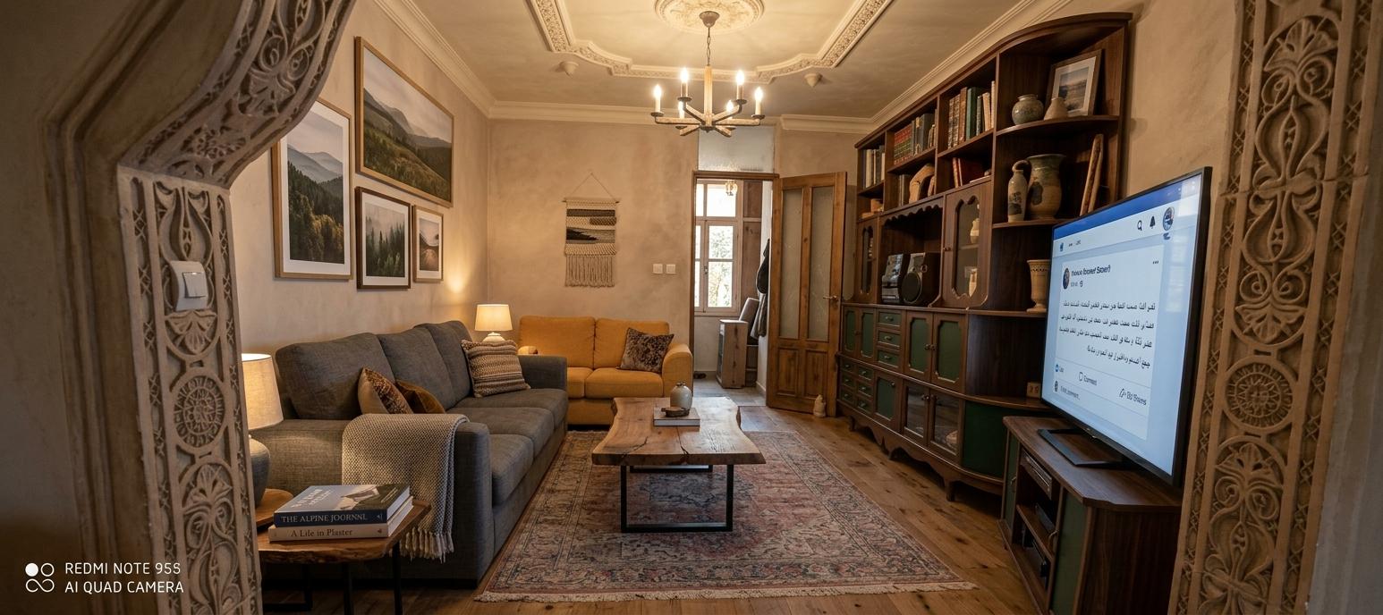 An incredibly lifelike, richly detailed, interior photo of a rustic living room set in a cozy, lived-in home. The scene is illuminated by a warm, ambient glow, creating an inviting atmosphere, reminiscent of early evening with the sun's last rays filtering through a distant window. Captured with a wide-angle lens, emphasizing the natural wood textures, the rough-hewn stone accents, and the plush, worn fabrics.

This space has been reimagined to embrace a more refined, yet still rustic, aesthetic. The existing beige walls are replaced with a soft, earthy plaster finish, perhaps with subtle hints of venetian plaster for a touch of understated elegance. The ceiling retains its decorative molding but is painted a soft, creamy white. The worn wooden bookshelf and entertainment center are sanded down and refinished in a rich, dark walnut stain, with the green accents on the cabinet doors replaced by a deep, forest green that complements the wood beautifully. The flooring transitions from the current tiles to wide-plank, reclaimed oak flooring, adding warmth and character.

The seating arrangement is revitalized. The existing sectional is reupholstered in a textured, charcoal grey linen blend, feeling both substantial and inviting. A second, smaller sofa adjacent to it is covered in a warm, marigold-yellow chenille, adding a pop of color. In place of the smaller tables, a single, substantial coffee table crafted from a live-edge wood slab with minimalist black metal legs sits at the center of the seating area. The rug beneath is a hand-knotted Persian rug with a faded geometric pattern in muted reds, blues, and creams, grounding the space.

The entertainment unit is modernized; the television is now a sleeker, larger model, seamlessly integrated into the shelving unit. The surrounding shelves are carefully curated with a mix of beautifully bound books, artisanal pottery, natural wood decorative objects, and perhaps a few strategically placed leather-bound journals. Above the sofa, the gold-framed painting is replaced with a collection of framed landscape photography or perhaps a textured woven wall hanging that echoes the organic elements of the room.

The ornate, white carved archway on the left is softened; its intricate details are still present, but it's now finished in a subtle, aged plaster that blends more harmoniously with the walls. The lighting is a combination of ambient and task lighting. A modern, yet rustic, chandelier with faux candle accents hangs from the ceiling, casting a gentle, diffused light. A strategically placed floor lamp with a natural linen shade provides reading light next to the sofa, and a few carefully selected table lamps with ceramic bases add warm pools of light in the evening.

The atmosphere evokes a sense of serene comfort and groundedness. Imagine sitting here on a cool autumn evening, the scent of woodsmoke subtly drifting from a nearby fireplace (though not visible in the original, it's a delightful addition to this vision). Natural light, when present, would pour in, softly illuminating dust motes dancing in the air and highlighting the rich textures. The outside view, though unseen, is imagined as a serene landscape – perhaps rolling hills or a quiet forest, visible through a large bay window that would be a stunning addition to this reimagined living room.

The proportions of the room are respected, with furniture scaled appropriately to avoid feeling cramped. The arrangement fosters conversation and relaxation, with clear pathways for movement. Despite the rustic elements, there's a balance achieved through the thoughtful selection of materials and the refined color palette. The human scale is considered, with comfortable seating depths and accessible surfaces, making the space as functional as it is beautiful. The overall impression is one of timeless comfort, a sanctuary where the beauty of natural materials is celebrated.