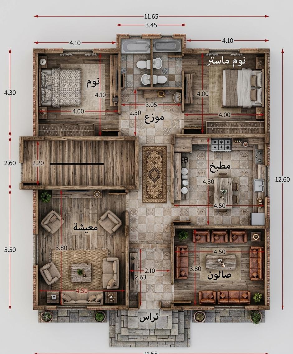 An incredibly lifelike, richly detailed, photorealistic aerial view of a floor plan photo of a rustic living room, rendered with meticulous attention to detail. The space is bathed in a warm, inviting light, perhaps from diffused natural light supplemented by ambient interior lighting, creating a cozy and intimate atmosphere. The rustic interior design is evident in the imagined textures of rough-hewn wood beams, thick woven rugs, and plush, perhaps leather or distressed fabric, seating arrangements. Every element, from the arrangement of the sofas and armchairs around a central coffee table to the implied fireplaces and shelving units, speaks of comfort and traditional craftsmanship, giving the impression that this space is trending on Pinterest for its authentic charm. The composition is sharp and precise, providing a clear, architectural perspective that allows one to fully appreciate the layout and the thoughtful design choices indicative of a well-loved, lived-in home.