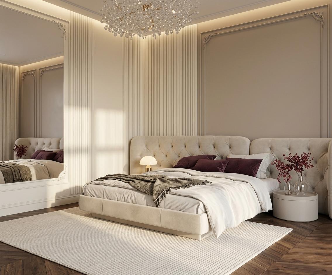 An incredibly lifelike, richly detailed, photorealistic interior photo of a bedroom set in a modern, yet rustic-inspired interior. The scene is illuminated by the soft, warm glow of indirect lighting from coves in the ceiling and dappled sunlight streaming through a window, creating a serene and inviting atmosphere. Captured with a wide-angle lens, emphasizing the plush, tufted headboard of the generously sized bed adorned with crisp white linens and deep plum accent pillows, all resting on an off-white rug with subtle linear texture. The walls feature elegant fluted paneling and decorative molding in creamy neutral tones, contrasting beautifully with the rich, dark wood flooring laid in a herringbone pattern. A minimalist side table holds a delicate glass vase with dried crimson foliage, and a contemporary mushroom-shaped lamp. The overall aesthetic blends sophisticated modernism with a touch of rustic charm, trending on Pinterest for its tranquil and luxurious appeal.