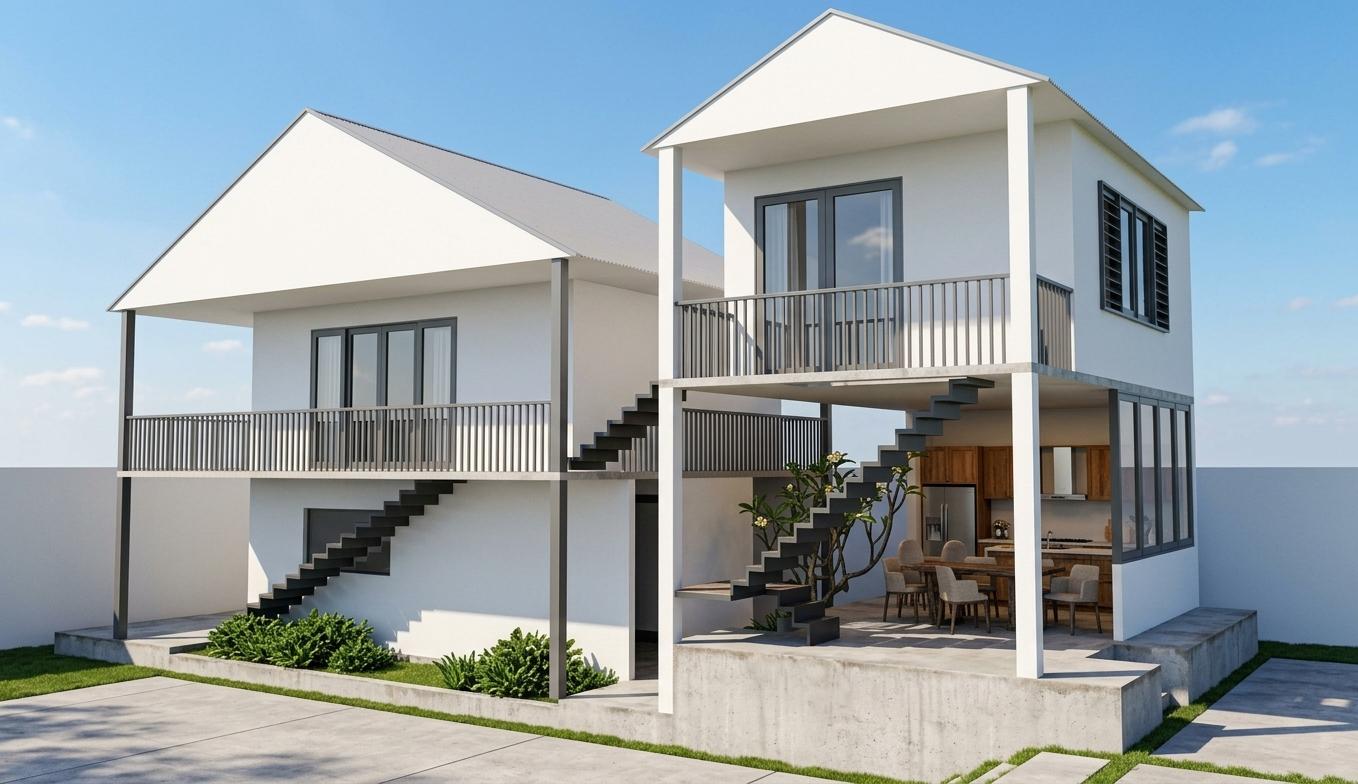 An incredibly lifelike, richly detailed, photorealistic architectural photo of a modern rustic duplex house exterior on a bright, clear summer midday. The scene is illuminated by direct sunlight, casting sharp, defined shadows and creating a warm, inviting atmosphere. Captured with a wide-angle lens, emphasizing the crisp white-painted walls, dark gray-framed windows, and the subtle texture of the concrete foundations. The composition frames the two connected structures, highlighting the interconnected outdoor staircases and covered balconies, with lush green shrubs and manicured grass peeking from the base. Visible through the open-sided lower level of the right unit is a glimpse of a rustic interior, featuring a warmly lit dining area with a substantial wooden table surrounded by upholstered chairs, and hints of cabinetry suggesting a functional kitchen space. The cool tones of the exterior are contrasted by the implied warmth of the interior, suggesting a seamless transition between indoor and outdoor living. The overall impression is one of serene, practical, and stylish modern living, trending on Pinterest for its understated elegance and clean lines.