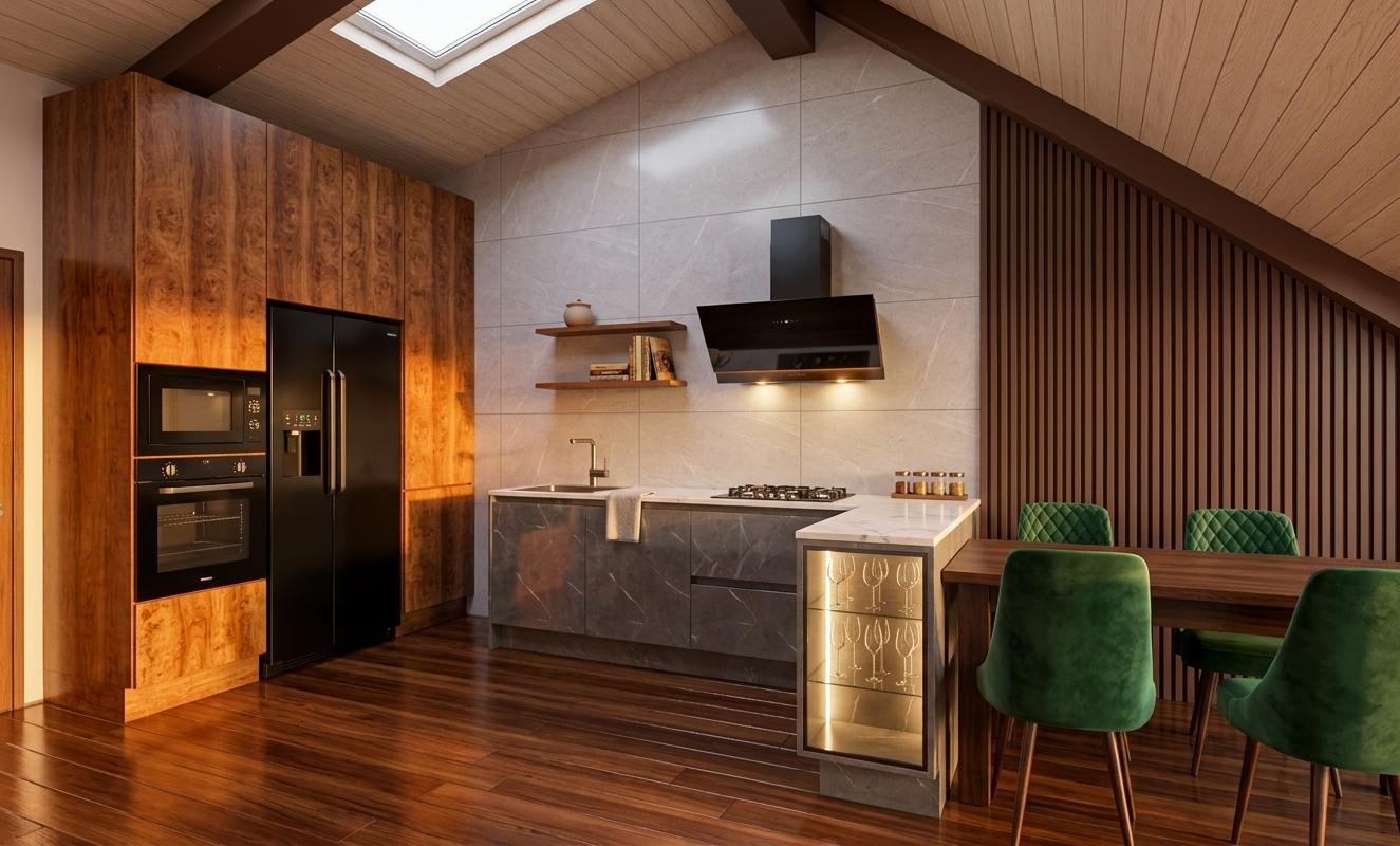 An incredibly lifelike, richly detailed, photorealistic interior kitchen photo. The scene is illuminated by a gentle sunset casting warm hues across the space, creating a luxurious and inviting atmosphere. Captured with a wide-angle lens, emphasizing the expansive feel of an attic kitchen, the rendering highlights the rich textures of polished dark wood flooring juxtaposed with the cool elegance of large-format, light grey porcelain tiles with subtle veining on the backsplash. A sleek, modern kitchen island in a marbled dark grey finish is topped with a pristine white countertop, seamlessly integrating a gas stovetop. Above, a dramatic black exhaust hood, subtly lit from within, crowns the cooking area. To the left, tall wooden cabinets in a warm, rich burl wood grain frame a black integrated oven and microwave, next to a bold black refrigerator. Two minimalist wooden shelves offer a canvas for a few carefully selected, understated accessories. A glass-fronted cabinet to the right of the island glows with a soft, internal vertical light, showcasing a collection of delicate wine glasses, hinting at sophisticated entertaining. Further into the dining area, a substantial dark wood table is accompanied by four plush, emerald green velvet chairs, their quilted backs adding a touch of classic opulence. The ceiling features light-toned wooden planks, accented by thick, chocolate-brown beams, while a series of thin, chocolate-colored vertical slats adorns the wall behind the dining table, adding depth and warmth. A small, minimalist skylight is subtly nestled into the ceiling above the tall cabinetry, suggesting the attic setting. The overall impression is one of "Indian exuberance" achieved through a sophisticated blend of luxurious textures, rich color palettes, and a modern, yet warm, design sensibility.