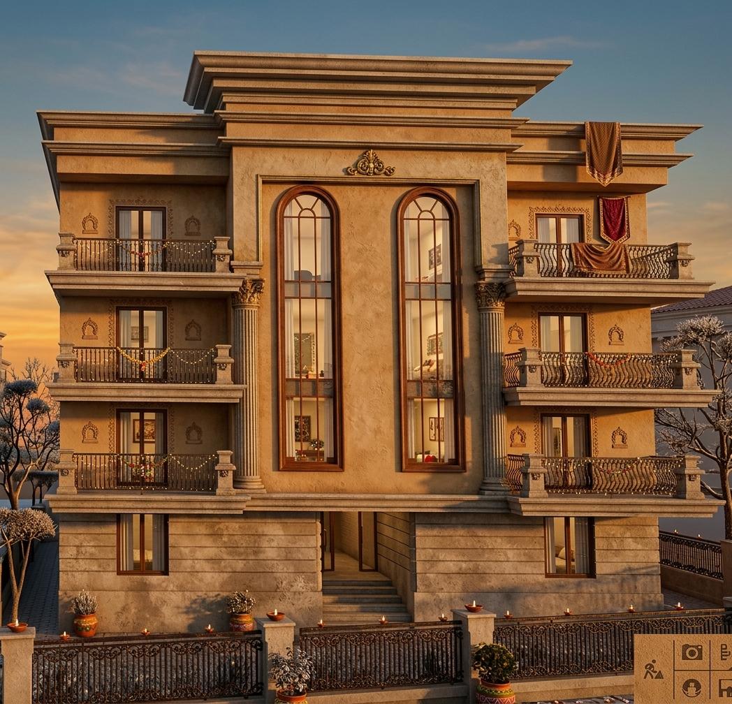 An incredibly lifelike, richly detailed, photorealistic exterior architectural shot of a multi-story building exuding Indian exuberance, set against a serene winter sunset environment. The scene is illuminated by the warm, golden hues of the setting sun, casting long, soft shadows and creating a deeply inviting and tranquil atmosphere. Captured with a wide-angle lens from a slightly low vantage point, this rendering emphasizes the building's ornate facade, characterized by intricate carvings, arched windows, and layered cornices that suggest a rich, classical influence. The balconies, adorned with elaborate wrought-iron railings, offer glimpses into the warm, inviting interiors, hinting at comfort and celebration. The exterior walls appear to be finished in a textured stucco in warm, earthy tones, complemented by darker, rich wood accents on the window frames and doors. A sophisticated, decorative metal fence lines the property, adding a touch of grandeur. The surrounding landscape, though muted by winter's chill, features sparse, elegantly pruned trees and a hint of more elaborate garden design peeking from the edges, all bathed in the magical, warm light of the sunset. The interplay of light and shadow across the detailed architectural elements and the color palette of warm ochres, deep reds, and golden browns fosters a sense of opulence and celebratory warmth, transforming the winter scene into a spectacle of rich cultural expression.