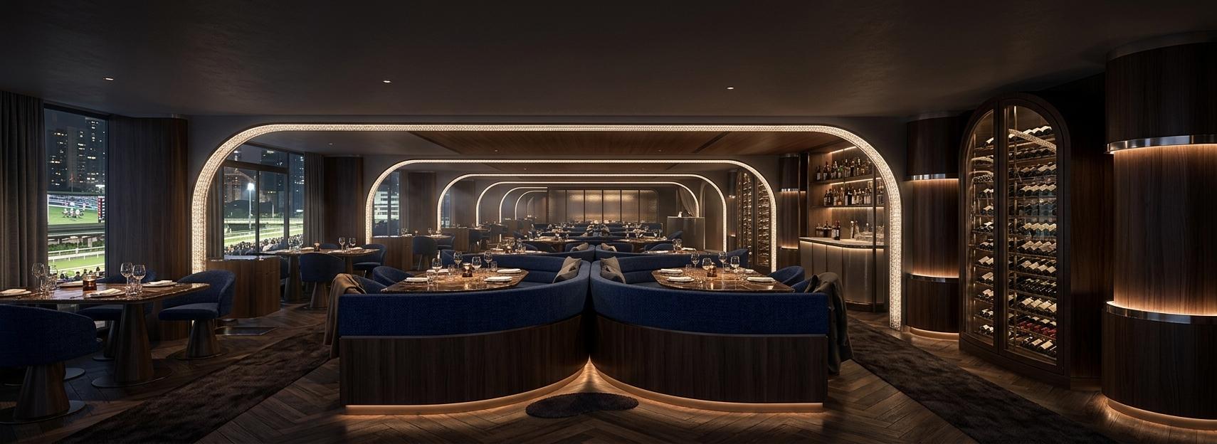 An incredibly lifelike, richly detailed, photorealistic interior night shot of a high-end indoor restaurant set in a bustling urban environment at Hong Kong Happy Valley Racecourse. The scene is illuminated by warm ambient lighting, creating a moody, dark, luxurious, and elegant atmosphere. Captured with a wide-angle lens from the perceived entrance portal, the cinematic architectural photography emphasizes hyper-detailed finishes and an elegant aesthetic. The venue, approximately 41 meters long and 9.5 meters wide, features a sophisticated interplay of geometry and texture.

On the left, a curtain wall reveals the vibrant stadium lights of the racecourse at night, hinting at a dynamic exterior context. To the right, two elegantly curved wine cellars, intricately detailed and subtly backlit, nestle between the closest three architectural arch features. Further along the right, a sophisticated bar area is positioned, also nestled between archways. At the far end of the restaurant, a private dining room is subtly suggested through a featured glass partition.

The interior design boasts dark walnut timber booth seating complemented by matching wainscoting on the columns, which are capped with polished chrome details and have hidden LED skirting that casts a warm glow. The upholstery is a rich navy blue, featuring a textured finish that adds depth and tactility. The arched ceiling elements themselves are enhanced with crystal textures and backlit illumination, contributing to the overall sophisticated ambiance. In contrast, the recesses between these arch features are finished with a warm timber, providing a natural counterpoint. The flooring is a sophisticated combination of patterned dark timber and plush carpet, laid out to define different zones within the expansive space. Dark brown marble tabletops on the dining surfaces add a final touch of opulence, reflecting the warm, low-level lighting. The overall impression is one of refined luxury and inviting warmth, designed for an exquisite dining experience.