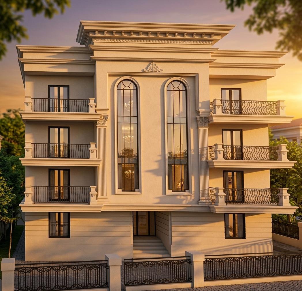 An incredibly lifelike, richly detailed architectural photograph of a modern, multi-story residence bathed in the warm glow of a summer sunset. The scene is illuminated by the setting sun, casting long, dramatic shadows and highlighting the building's white stucco facade and ornate architectural details, creating a mood of tranquil opulence. Captured with a wide-angle lens from a slightly elevated perspective, the image emphasizes the building's symmetrical design, featuring a central section with grand arched windows flanked by symmetrical balconies with intricate, wrought-iron railings. The layered cornices and decorative elements on the upper facade speak to an Indian exuberance, juxtaposed with modern window styles. Lush, green trees frame the property, suggesting a vibrant urban setting, while a decorative metal fence with heart motifs in the foreground adds a touch of classic charm. The rendering masterfully conveys depth and spatial relationships, with a subtle depth of field that keeps the building in sharp focus while softening the background elements, contributing to an overall immersive and photorealistic presentation.