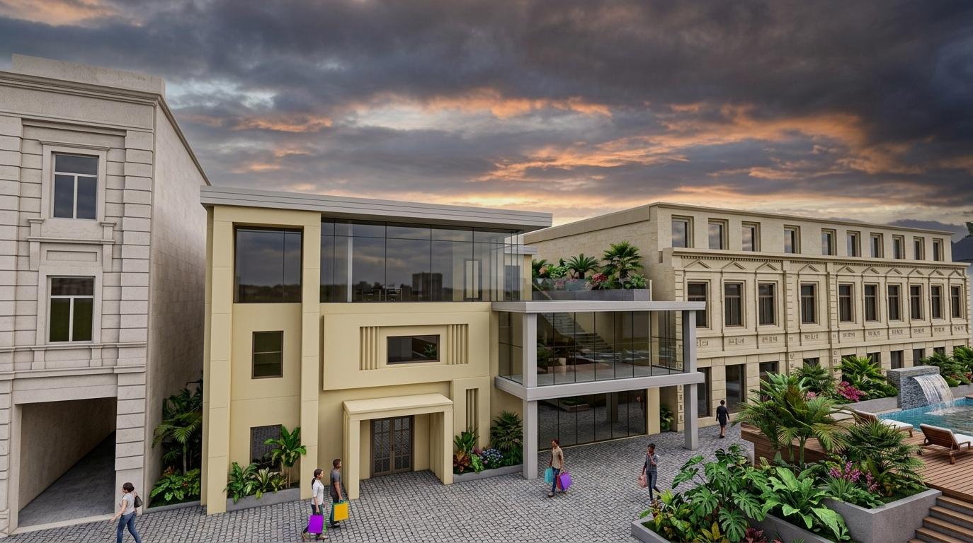 An incredibly lifelike, richly detailed, photorealistic exterior architectural shot of a multi-story building facade set against a dramatic, overcast summer sky. The scene is illuminated by the soft, diffused light of an approaching sunset, creating a slightly moody yet inviting atmosphere. Captured with a wide-angle lens from a slightly elevated perspective, the rendering emphasizes the contrasting architectural styles and textures.

To the left, a building with ornate classical detailing, rendered in a pale stone, stands in sharp relief against the darker clouds. Its smooth, textured facade, with precise fenestration and classical mouldings, suggests a rich history. Adjacent to it, a modern structure emerges with a striking geometric design. Its facade is a blend of smooth, pale yellow panels and expansive glass sections framed by dark, slender supports. The glass elements reflect the moody sky and the surrounding urban environment, hinting at open-plan interior spaces or circulation zones. Further to the right, another building sports a more traditional facade with rows of deeply recessed windows set within a creamy beige stone, further contributing to the varied urban tapestry.

The foreground reveals a textured cobblestone pavement, suggesting an urban street or plaza. Hints of lush city greenery, strategically placed planters with vibrant foliage and perhaps a hint of an outdoor pool area in the distance, add a touch of natural beauty and contrast to the architectural elements, hinting at an "Indian exuberance" in the unexpected integration of vibrant life within the urban fabric. The overall impression is one of dynamic urban development, where historical charm meets contemporary design, all under the dramatic, arousing sweep of a summer sunset.