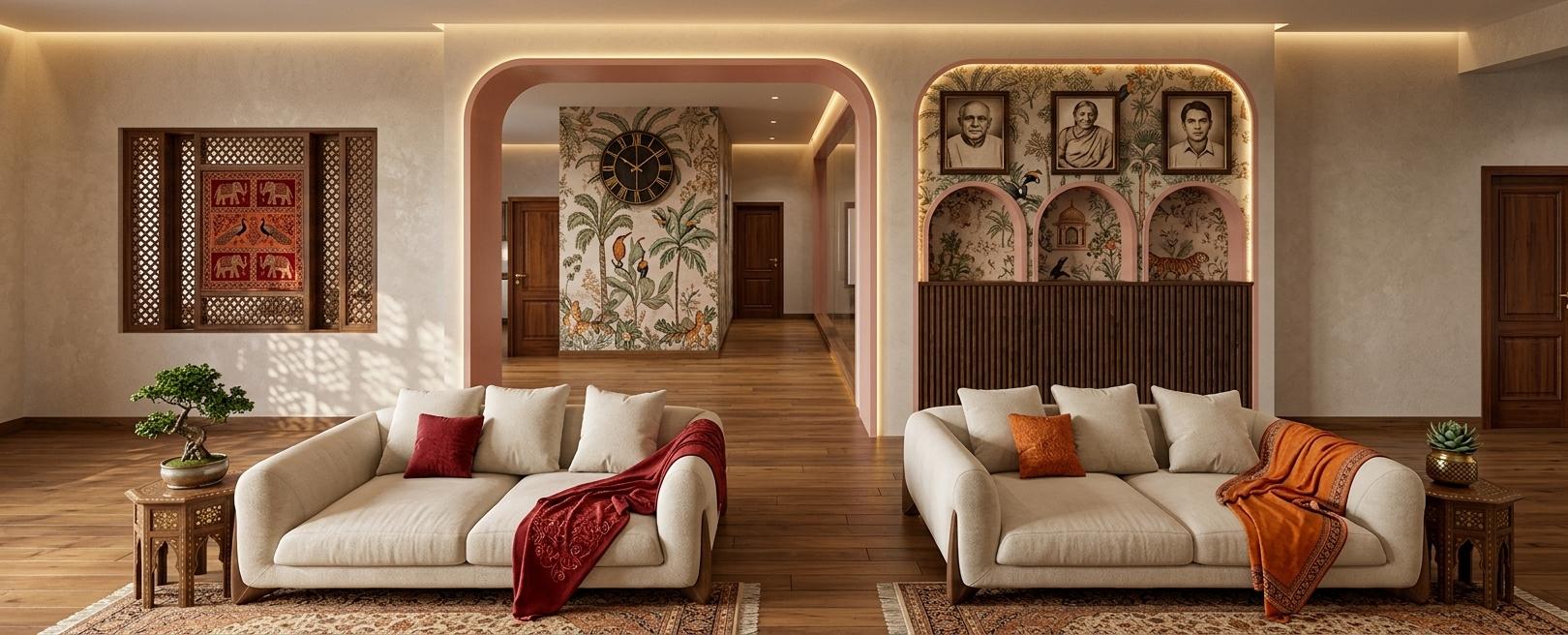 An incredibly lifelike, richly detailed, photorealistic interior photo of a luxurious living room set in a modern Indian home. The scene is illuminated by soft, ambient lighting that casts gentle shadows, creating a warm and inviting atmosphere. Captured with a wide-angle lens, emphasizing the opulent and handcrafted details of the Indian-inspired decor. The sofas, upholstered in a creamy white fabric, are adorned with rich red and orange throws, echoing the vibrant hues present in the intricate Indian textile wall art. Beside the seating, carved wooden side tables with brass accents display small indoor plants, adding a touch of lush greenery. Archways with a soft pink trim lead into deeper spaces adorned with ornate wallpaper featuring exotic flora and fauna, alongside framed portraits of family. A striking dark wood and brass clock hangs prominently, anchoring the visual narrative. The overall impression is one of spiritual exuberance and a celebration of Indian artistry, with textured surfaces and adorned elements contributing to an opulent and warm ambiance, reminiscent of a high-end photography book.