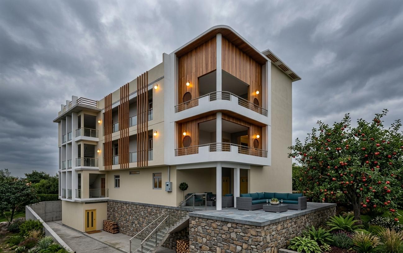 The photo showcases a stunning contemporary building bathed in the clear midday sun of spring. The facade is adorned with subtle yet striking facade lights, casting a warm glow that accentuates the clean lines and crisp architectural details. A hint of Indian exuberance is evident in the intricate wooden paneling that graces sections of the exterior, adding a touch of rich texture and cultural flair. The building's balconies, some featuring curved railings, offer glimpses into what could be inviting living spaces, hinting at comfort and a connection to the outdoors. The surrounding landscape is verdant and alive, with lush greenery and a vibrant tree in the foreground, suggesting a serene and prosperous environment. The overall impression is one of polished architectural photography, capturing a harmonious blend of modern design and subtle cultural influences under a bright, expansive sky.