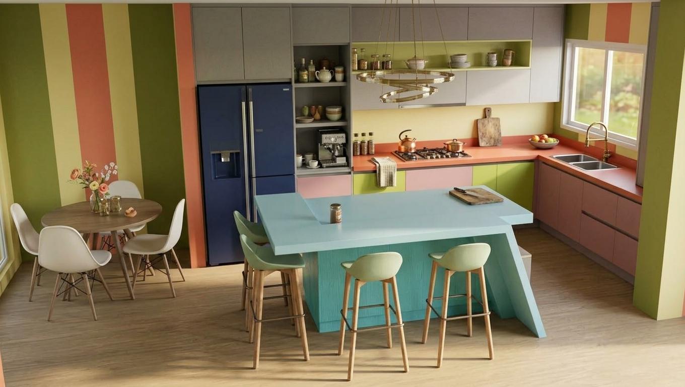 An incredibly lifelike, richly detailed, photorealistic interior photo of a vibrant, vintage kitchen. The scene is illuminated by soft midday summer light streaming in, creating a warm and inviting atmosphere. Captured with a wide-angle lens, emphasizing the bright, eclectic color palette and the playful interplay of vintage design elements. The walls are adorned with bold, vertical stripes of olive green, pale yellow, and a muted coral, creating a retro, yet modern feel. A large, navy blue refrigerator stands adjacent to a wall of cabinetry, some in soft grey, others in a playful pastel pink and lime green, housing shelves stocked with vintage-inspired kitchenware and a classic espresso machine. The focal point is a striking turquoise island with a sleek, light blue countertop, surrounded by a collection of high-backed, pastel green bar stools with natural wood legs. Opposite the island, the main counter space features a coral countertop, a gas stovetop with a charming kettle, a double sink with a vintage-style faucet, and cabinetry in a dusty rose hue. In the foreground, a circular dining table with a muted wood top is accompanied by four iconic mid-century modern chairs in white. The overall impression is of a characterful, stylish, and well-loved kitchen, trending on Pinterest for its unique take on vintage interior design.