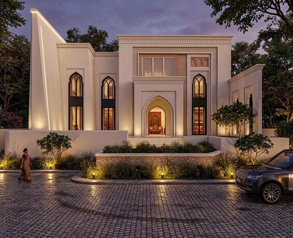 An incredibly lifelike, richly detailed, photorealistic architectural photo of a luxurious residential exterior, evoking Indian exuberance. The scene is illuminated by the soft, warm glow of twilight, creating a sense of serene opulence and a spiritual atmosphere. Captured with a wide-angle lens, emphasizing the bold and ornate design elements, the rendering highlights the interplay of light and shadow on the textured, handcrafted surfaces of the building.

The architecture itself is a fusion of modern clean lines and distinctly Indian decorative motifs. The predominant material appears to be a smooth, off-white rendered stucco, creating a striking contrast with the darker elements and the vibrant hues suggested by the Indian-inspired decor. Tall, slender arched windows, reminiscent of Islamic architecture, dominate the facade, their dark frames adding a sense of depth and framing the warmly lit interiors. These interiors, glimpsed through the glass, hint at carved wooden and brass furniture in shades of rich reds, oranges, and golds, with adorned surfaces suggesting an opulent, handcrafted aesthetic. Hanging pendant lights with ornate brass detailing are visible in an open upper section, further emphasizing the theme of Indian craftsmanship.

The building features an imposing, layered facade with a central arched entryway, flanked by substantial volumes. One side of the house is accentuated by a tall, angled element topped with subtle integrated lighting, adding a dramatic vertical emphasis. This lighting, along with ground-level spotlights, casts a warm and inviting glow onto the textured pavement and the low-lying decorative planting beds.

The surrounding environment is a carefully curated blend of urban streetscape and lush greenery. The road in the foreground is paved with intricate cobblestones and shows the sheen of recent rain, with distinct tire marks hinting at a dynamic, lived-in setting. The planting beds are filled with lush, ornamental grasses and small, sculpted trees, adding a touch of natural vibrancy. In the background, mature trees with dense foliage frame the property, their dark forms silhouetted against the twilight sky. The overall impression is one of a grand, spiritually rich residence, exuding warmth, color, and handcrafted opulence. The composition draws the viewer's eye towards the main entrance, with elements like the solitary figure walking on the pavement and the parked dark SUV adding a sense of scale and everyday life to this otherwise magnificent dwelling.