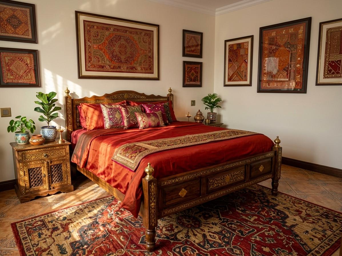 An incredibly lifelike, richly detailed, photorealistic interior photo of a bedroom set in a tranquil haven. The scene is illuminated by warm, dappled sunlight from an unseen window, creating a vibrant, spiritual, and opulent atmosphere. Captured with a Canon EOS R5 and a 50mm f/1.2 lens, emphasizing the intricate textures of Indian textiles and the sheen of brass accents. The original design, while comfortable, is dramatically transformed into a symphony of "Indian Exuberance." Gone are the cool grays and minimalist art; in their place, the walls are adorned with vibrant Indian textile wall art that bursts with shades of rich reds, oranges, and golds, each piece telling a story with its intricate patterns. The dark wooden bed frame is replaced by a magnificent four-poster bed crafted from carved dark wood and gleaming brass, draped with luxurious silks in jewel tones. Richly patterned Indian rugs, layered for depth, cover the tile floor, their colors mirroring the wall art. The bedside tables are now ornate, carved wooden pieces with brass inlay, their surfaces adorned with handcrafted pottery, brass lamps casting a warm glow, and lush indoor plants in decorative pots. The bedding features a sumptuous duvet cover in a deep saffron or ruby red, accented by embroidered cushions and throws. The overall feel is one of warmth, spirituality, and handcrafted opulence, where every element invites touch and contemplation, creating a deeply personal and inviting sanctuary. The composition is balanced with a central focus on the bed, flanked by the ornate nightstands, with accent pieces and plants strategically placed to guide the eye and create a sense of depth and abundance.