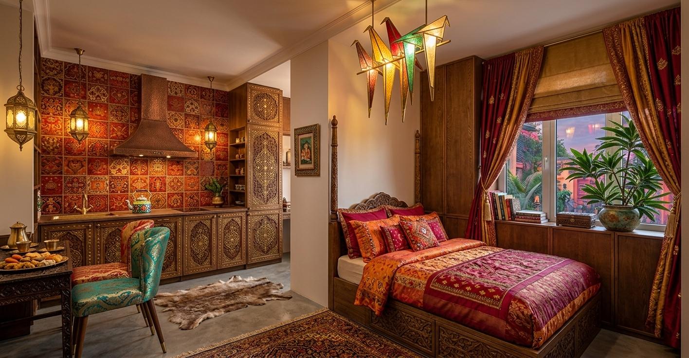 An incredibly lifelike, richly detailed, photorealistic interior photo of a hotel room, brimming with Indian exuberance. The scene is illuminated by a warm, ambient light, creating an opulent and inviting atmosphere. Captured with the keen eye of a photography book, the space is a feast for the senses, featuring vibrant and bold hues of rich reds, oranges, and golds. Handcrafted, ornate, and intricately detailed carved wooden and brass furniture adds a touch of spiritual opulence, while adorned surfaces showcase the beauty of Indian textiles. Potted indoor plants add a touch of life and natural texture, complementing the overall luxurious and colorful Indian-inspired decor. The composition draws the viewer into a world of warmth and intricate artistry.