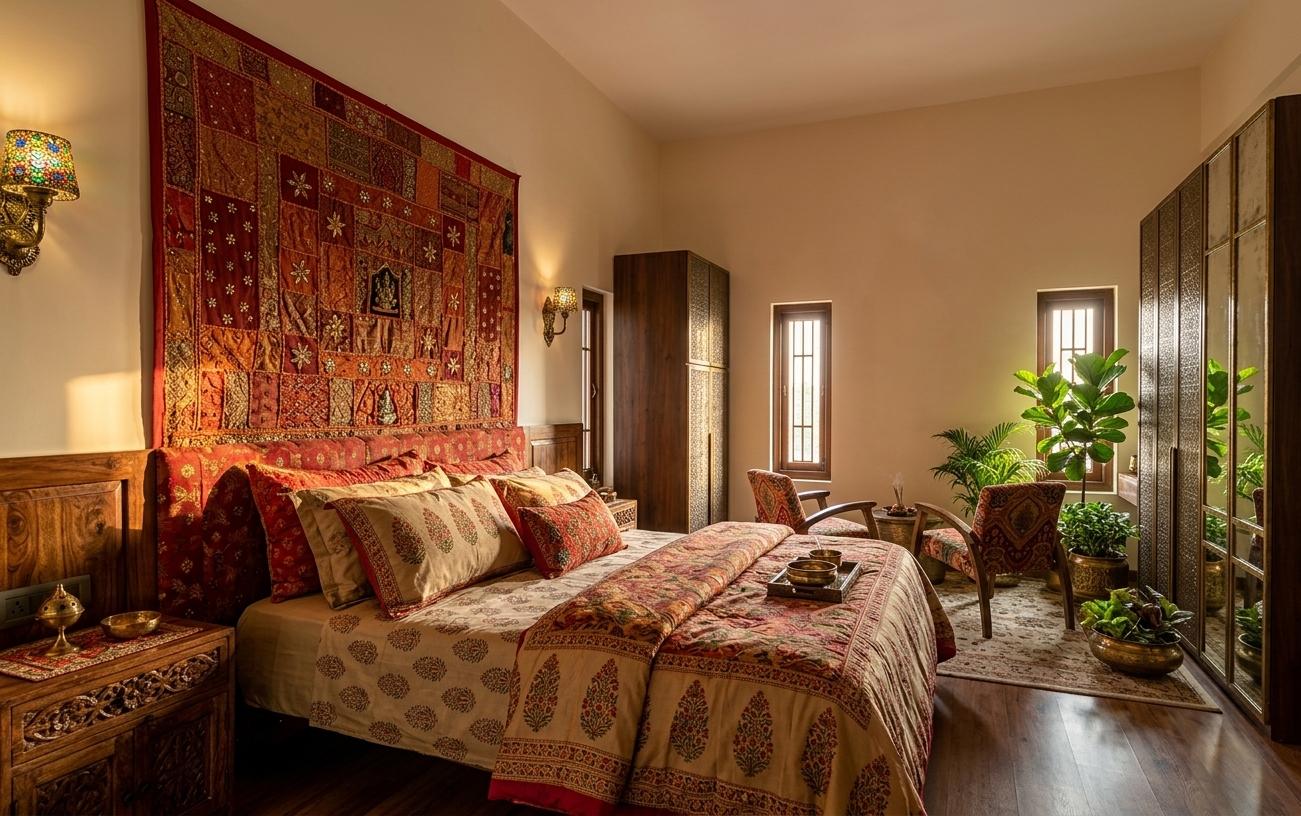 An incredibly lifelike, richly detailed, photorealistic interior photo of a bedroom set in a vibrant, opulent Indian home. The scene is illuminated by a warm, inviting light, possibly late afternoon sun filtering through windows, creating a spiritual and energetic atmosphere. Captured with a wide-angle lens, emphasizing the textures of the Indian textile wall art with its shades of rich reds, oranges, and golds, and the intricate carvings of the wooden and brass furniture. The space exudes Indian exuberance, with adorned surfaces showcasing handcrafted details and a general sense of colorful, bold, and ornate decor. Two elegant armchairs await in a cozy corner, complemented by the presence of lush indoor plants that add a touch of natural serenity. The overall impression is one of deep cultural richness and handcrafted luxury, perfectly suited for a high-end Indian design photography book.