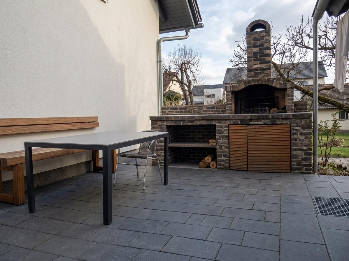 An incredibly lifelike, richly detailed, photorealistic architectural photo of a minimalist haven set in a suburban backyard. The scene is illuminated by moderate daylight with scattered clouds, creating a serene and airy atmosphere. Captured with a wide-angle lens, emphasizing the clean lines and uncluttered surfaces of the modern outdoor space. The architectural design is characterized by its minimalist aesthetic, featuring clean, geometric forms and a monochromatic palette of white, gray, and subtle pastels. The building's exterior boasts smooth, off-white stucco walls and a dark gray tiled base, creating a striking contrast. Adjacent to the building, a sleek metal dining table with matching chairs and a substantial wooden bench invite relaxation, all placed on a sophisticated dark gray paved patio. Dominating the background is a substantial, dark brick outdoor kitchen and grill with a tall, gray chimney, providing a focal point. The surrounding environment includes glimpses of a residential neighborhood with houses and bare trees, hinting at a temperate season. This space is designed for functionality and tranquility, embodying a Zen-inspired sensibility with its streamlined furniture and minimal decor, suggesting a deliberate exclusion of clutter to foster a peaceful ambiance.