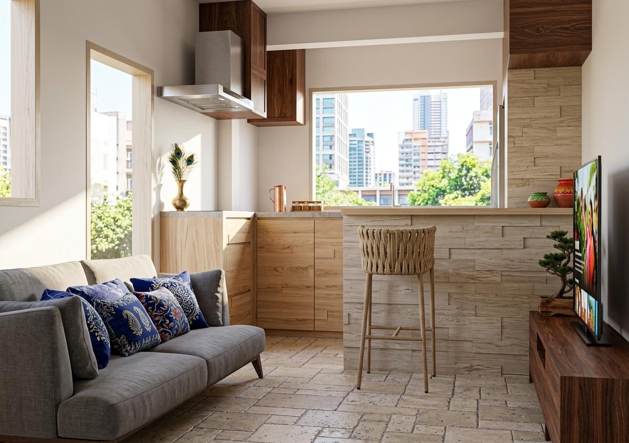 An incredibly lifelike, richly detailed, photorealistic interior photo of a living room and kitchen space, set within a modern urban apartment during a bright spring midday. The scene is illuminated by natural light pouring in from unseen windows, casting soft shadows and creating a warm, inviting atmosphere, with hints of Indian exuberance in the decorative elements. Captured with a wide-angle lens, emphasizing the seamless integration of the kitchen and living area, the rendering showcases the lustrous sheen of the light-toned wood cabinetry and the textured, natural stone flooring. The sophisticated grey sofa, adorned with vibrant, indigo-patterned cushions, anchors the living space, while an intricately woven bar stool, paired with a sleek, minimalist counter, bridges the divide to the culinary zone. A modern stainless-steel range hood is suspended above the counter, accented by a rich, dark wood enclosure, adding to the layered textural complexity. A flat-screen television is positioned on a low-profile media console, which is subtly adorned with a delicate bonsai tree in a wooden planter, injecting a touch of serene natural beauty into the sophisticated design. The composition skillfully balances the functionality of the kitchen with the comfort of the living area, creating a sense of open-plan living that feels both spacious and intimately detailed.