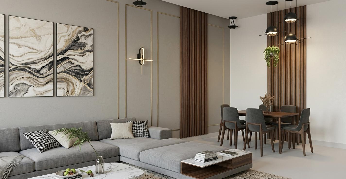 An incredibly lifelike, richly detailed, photorealistic interior photo of a sophisticated living and dining area set within a modern dwelling, bathed in the soft, uniform glow of midday. The scene is illuminated by a combination of ambient light and stylish pendant fixtures, creating an inviting and elegant atmosphere. Captured with a wide-angle lens, emphasizing the seamless integration of the generously sized grey sectional sofa, adorned with plush cushions featuring a subtle houndstooth pattern, and the accompanying marble-effect coffee table. The adjacent dining area showcases a dark wood table accompanied by upholstered chairs, positioned beneath a cluster of modern pendant lights and a hanging greenery, all framed by vertical slatted wood panels that introduce a touch of natural warmth and texture. Elegant wall paneling, accented with delicate trim, frames a striking abstract artwork composed of swirling marble patterns in muted earth tones, further enhancing the room's luxurious yet serene ambiance. The composition draws the eye across the expansive space, highlighting the clean lines, refined materials, and thoughtful arrangement of furniture that speak to a contemporary interpretation of Victorian elegance, with ample depth and spatial definition achieved through subtle play of light and shadow.