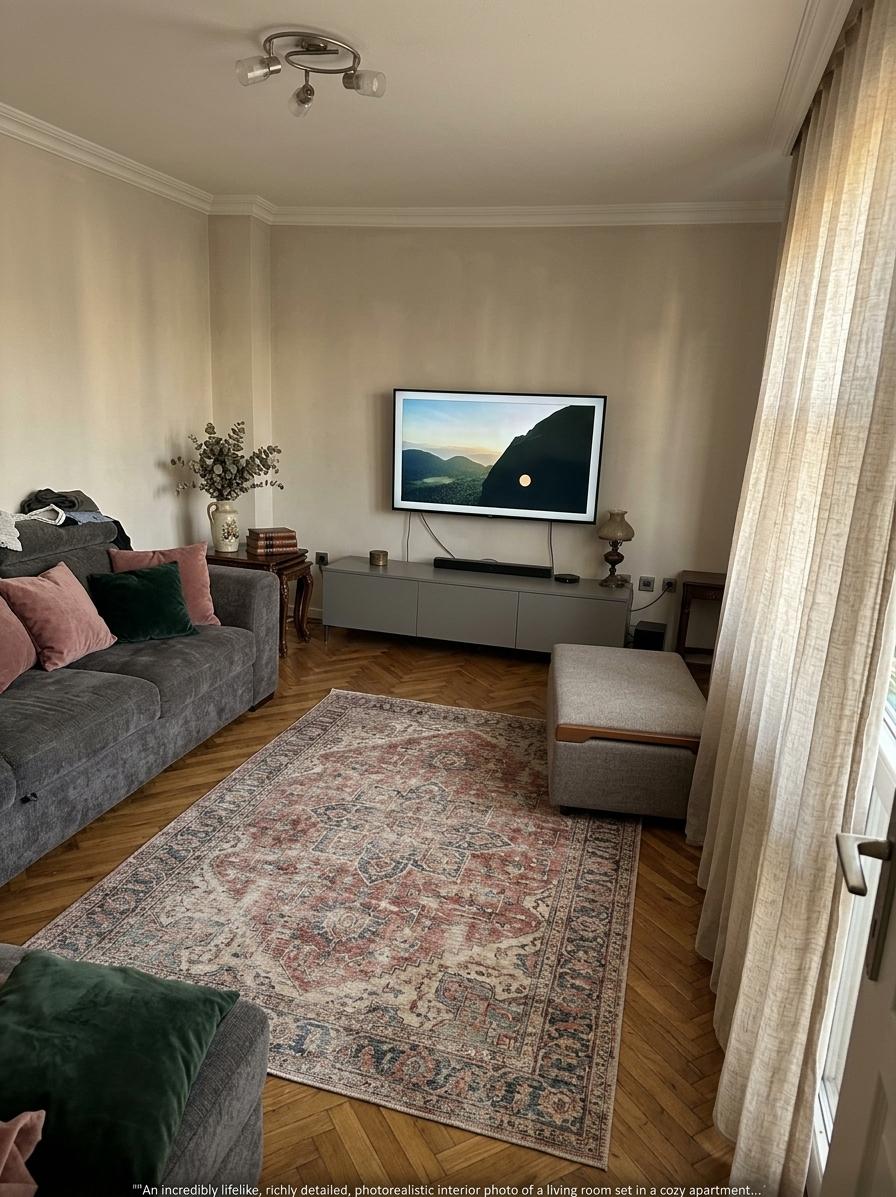 An incredibly lifelike, richly detailed, photorealistic interior photo of a living room set in a cozy apartment. The scene is illuminated by soft, natural light streaming through sheer curtains, creating a warm and inviting atmosphere. Captured with a wide-angle lens, emphasizing the vintage charm of the space, this room is a testament to timeless interior design, trending on Pinterest for its curated warmth and nostalgic appeal.

The design embraces a vintage aesthetic, where every element whispers stories of bygone eras. The walls are painted in a soft, muted neutral, reminiscent of aged plaster, providing a serene backdrop for the room's treasures. Accents of crown molding, with their delicate detailing, add an architectural flourish that harks back to classic design. The flooring is a beautifully aged parquet, its rich, warm tones and intricate herringbone pattern a testament to craftsmanship and durability.

Dominating one wall is a sleek, low-profile media console, painted a sophisticated, muted grey. It offers ample hidden storage, keeping the space uncluttered and harmonious. Mounted above it, a large, modern television screen presents a crisp image, a subtle nod to contemporary life within the vintage shell. Beside the console, a discreet, dark wood side table holds a single, antique-style lamp with a fabric shade, casting a warm, inviting glow.

Across from the media wall, a plush, deep-seated sofa, upholstered in a rich, textured chenille in a sophisticated charcoal grey, invites relaxation. Its generous proportions and soft cushions promise comfort. A scattering of throw pillows in complementary tones of dusty rose and deep emerald, in varied textures like velvet and woven linen, add depth and a pop of luxurious color. In front of the sofa, a generously sized rug, featuring a faded, antique Persian motif in muted reds, blues, and creams, anchors the seating area. Its distressed finish adds to the room's vintage charm.

Flanking the sofa, two ornate, dark wood end tables showcase curated decorative pieces: a vintage ceramic vase holding a cascade of dried eucalyptus, a stack of leather-bound books, and a small, brass-framed photograph. To the side, a tall, slender floor lamp with an art nouveau-inspired bronze base and a cream linen shade stands, ready to provide ambient lighting for evening reading.

The space is further enhanced by the presence of a large, arched window dressed in flowing, sheer linen curtains. These curtains diffuse the afternoon sunlight, casting a gentle, dappled light across the room and offering a tantalizing glimpse of a leafy cityscape.

The overall impression is one of understated elegance and lived-in comfort. The design deliberately juxtaposes the comfort of modern living with the enduring beauty of vintage elements. The proportions of the furniture are generous without overwhelming the space. A sense of balance is achieved through the thoughtful placement of key pieces, creating a flow that is both functional and aesthetically pleasing. The natural light, the tactile richness of the fabrics, and the carefully chosen decorative elements all combine to create an atmosphere that is both sophisticated and utterly inviting, a perfect modern interpretation of vintage living.