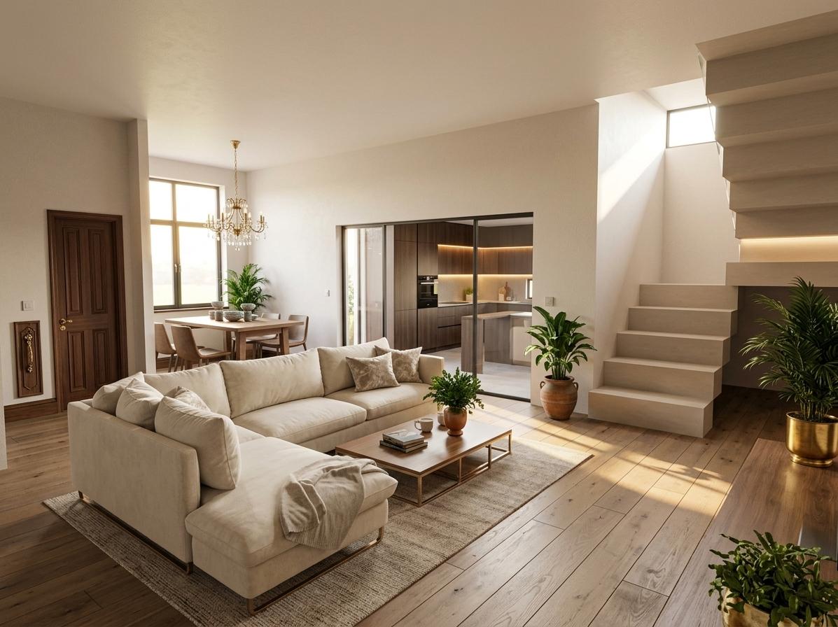An incredibly lifelike, richly detailed, photorealistic interior living room photo. The scene is illuminated by a warm, bright light reminiscent of sunrise, creating a welcoming and aesthetic atmosphere with a touch of Victorian elegance. Captured from a slightly low angle with a wide-angle lens, the perspective emphasizes the luxurious modern minimalist concept of the space. A substantial sectional sofa in a plush, light-colored fabric anchors the foreground, complemented by a sleek wood-and-metal coffee table with decorative books. To the left, a rich wooden door hints at another part of the residence, while beyond a sliding glass door, a minimalist yet luxurious kitchen with subtle lighting is visible. In the mid-ground, a dining area features a modern table beneath a striking, opulent chandelier, surrounded by stylish chairs. The eye is drawn upward to a minimalist, contemporary staircase ascending with clean lines, leading to an unseen upper level. Lush greenery in elegant pots adds a touch of natural luxury to the space. The overall impression is one of sophisticated, bright, and warm living, perfect for a spring morning.