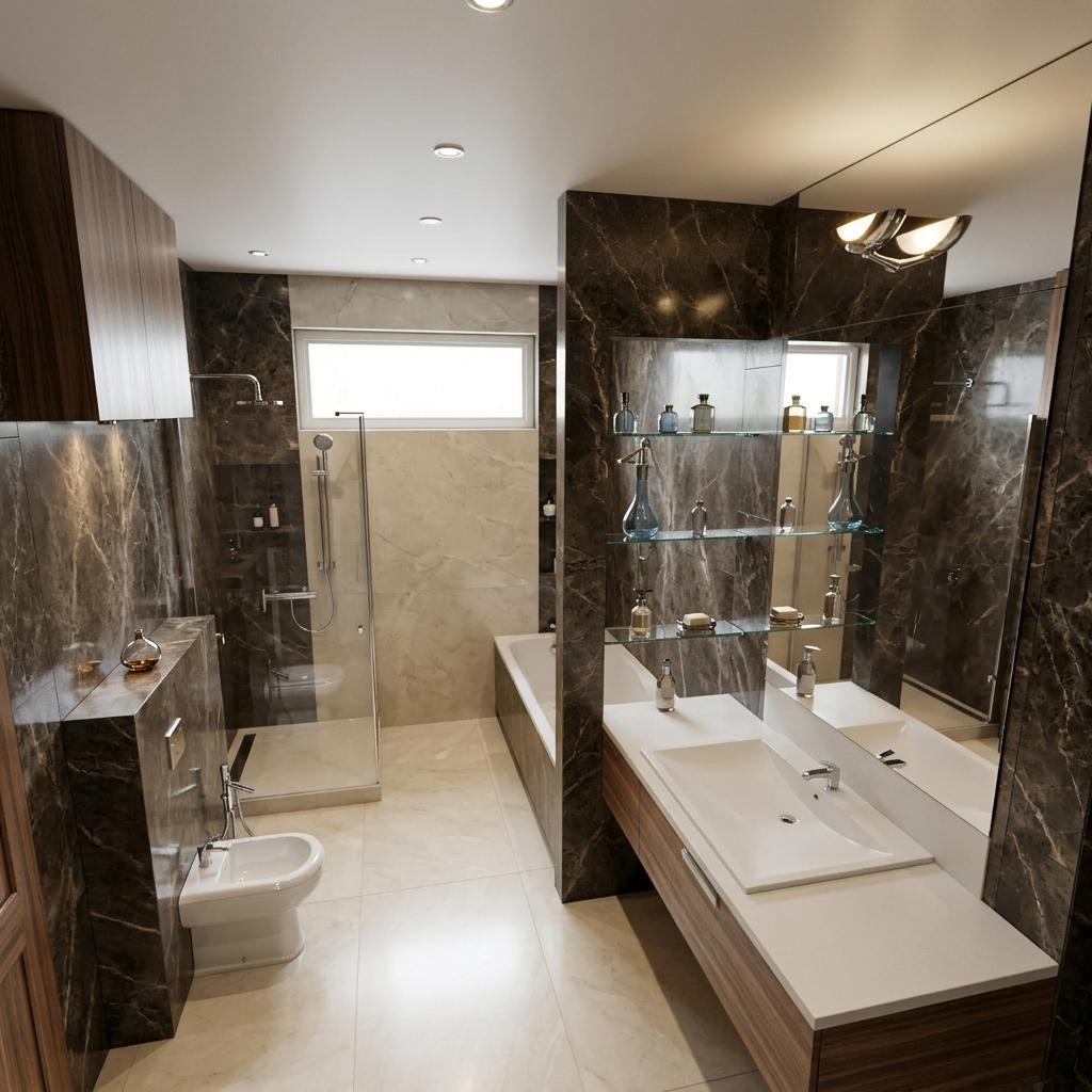 An incredibly lifelike, richly detailed, photorealistic interior photo of a hotel bathroom set in a sleek, contemporary environment. The scene is illuminated by soft, ambient lighting, creating a calm and uncluttered atmosphere. Captured with a wide-angle lens, emphasizing the clean lines and spacious feel of the mid-century modern design, this rendering pulls your eye across the smooth, ivory marble-toned floor tiles to the striking feature walls clad in rich, dark, veined marble. The bathroom boasts a linear layout with a deep soaking tub integrated into one wall, and a glass-enclosed shower on the opposite side, both featuring modern chrome fixtures. A prominent vanity with a crisp white countertop extends across the length of the room, housing two minimalist basins. The cabinetry below features horizontal wood-grain detailing in warm walnut tones, adding an organic touch. Above the vanity, a dramatic mirror reflects the clean architectural lines and is complemented by a single, sleek, chrome sconce. The surfaces are intentionally clutter-free, with only a few strategically placed bottles and toiletries, showcasing the functional beauty of the space. The overall palette of earth tones, with hints of muted blues and oranges subtly introduced through accessories, evokes a sense of comfortable luxury and timeless elegance, reminiscent of a high-end design photography book.