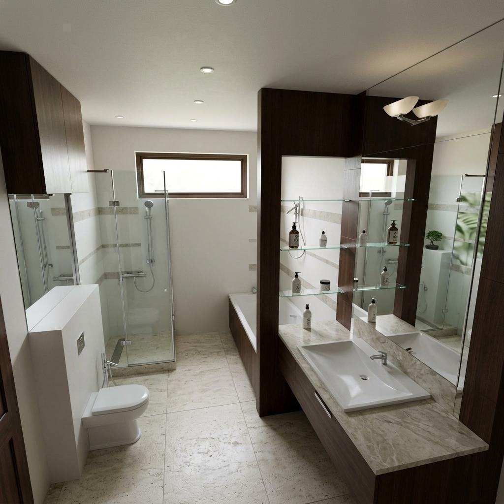 An incredibly lifelike, richly detailed, photorealistic interior photo of a luxury hotel bathroom set in a tranquil, Japanese Zen-inspired environment. The scene is illuminated by soft, diffused natural light filtering in from a high, rectangular window, creating a calm and balanced atmosphere. Captured with a wide-angle lens, emphasizing the clean lines and spacious feel, the render offers a view of the uncluttered surfaces and a sense of harmonious simplicity characteristic of Wabi-sabi design. Dominating the space are elegant marble walls in shades of deep brown and creamy beige, contrasted by sleek, dark wood accents. To the left, a glass-enclosed shower stall houses a modern shower fitting above a clean white toilet, while beyond, a deep soaking tub awaits. The right side features a generous vanity with two minimalist white sinks set into a dark wood base, complemented by a large mirror that reflects the serene space. Floating glass shelves display an array of minimalist toiletries. The floor is tiled in a pale, natural stone, reflecting the understated elegance. Subtle touches of Japanese decor, such as a hint of natural greens from unseen indoor plants, enhance the overall feeling of a serene, clutter-free sanctuary.