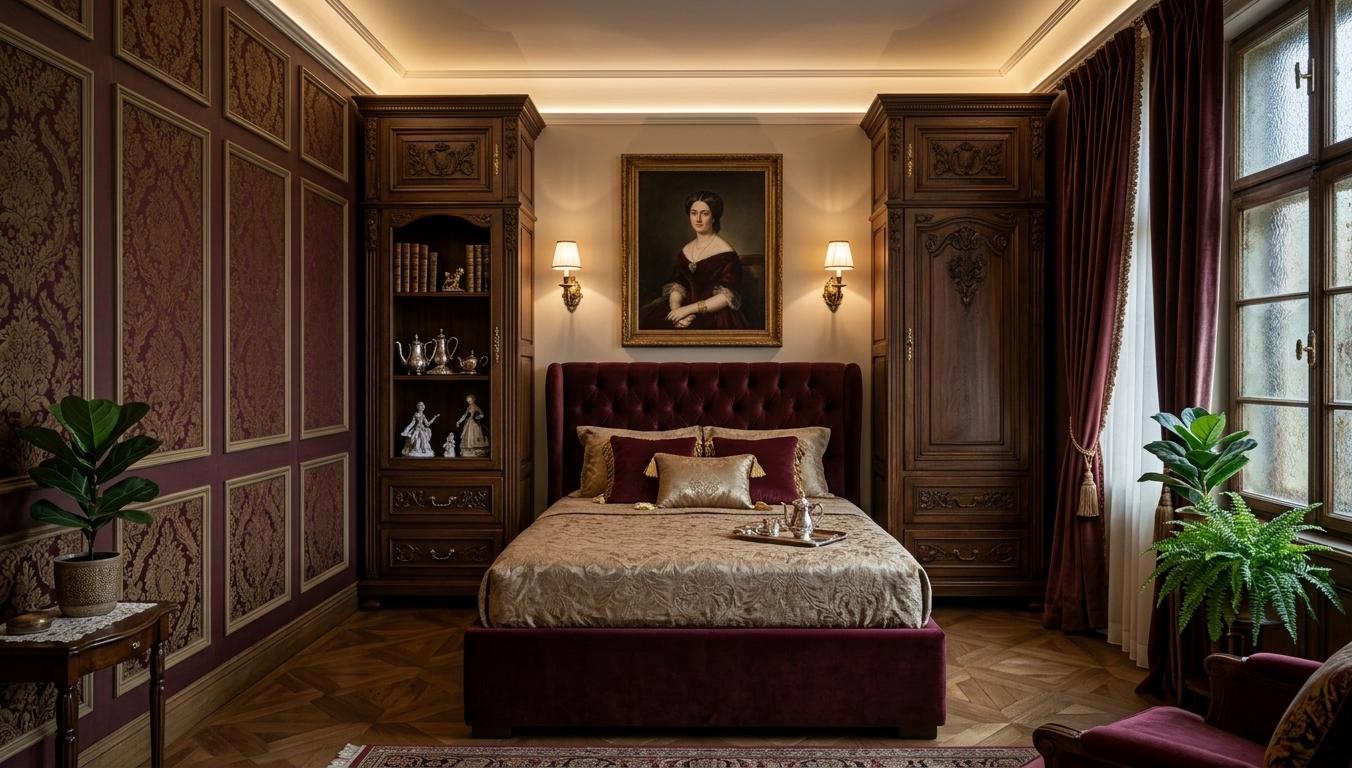 An incredibly lifelike, richly detailed, photorealistic interior photo of a bedroom set in a grand, opulent Victorian setting. The scene is illuminated by soft, warm ambient light, creating a sophisticated and timeless atmosphere. Captured with a photography book lens, emphasizing the intricacies of the deep reds, golds, and rich neutrals that define the space, the classic portrait wall art commands attention above a plush, upholstered bed. The carved wooden furniture and curated surfaces speak to heirloom decor, while lush indoor plants add a touch of organic elegance. The composition draws the eye to the central bed, flanked by tall, ornate wardrobes with intricate detailing and subtly textured window panes, all contributing to a feeling of refined, lavish comfort.