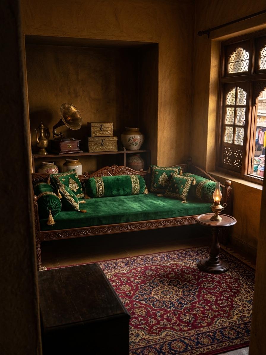 An incredibly lifelike, richly detailed, photorealistic interior photo of a living room set in an old Indian dwelling. The scene is illuminated by the warm, diffused glow of late afternoon sun filtering through the window and supplemented by the gentle flicker of an oil lamp on a side table, creating a serene and opulent atmosphere. Captured with a wide-angle lens, emphasizing the vibrant textures and intricate details that define this "Indian Exuberance" style.

The original stark purple walls are now a deep, textured ochre, hand-plastered to create a subtle, organic feel. In place of the simple metal-framed window, an intricately carved teakwood window with small, leaded glass panes commands attention. The glass, slightly imperfect with a hint of iridescence, catches the light and casts playful patterns on the floor. The original wooden bed has been replaced by a low-slung, intricately carved divan upholstered in a rich emerald green velvet. Bolsters and cushions, embroidered with gold thread and adorned with tassels, are artfully arranged across it.

The floor, once a plain tile, is now covered in a hand-knotted Persian rug featuring a complex floral motif in shades of crimson, sapphire, and gold. To the side of the divan, a low, dark wood pedestal table, also intricately carved, supports a brass oil lamp casting a soft, welcoming glow. On the wall opposite the window, a tapestry depicting a scene of ancient Indian royalty hangs, its vibrant colors and detailed embroidery adding depth and narrative to the space.

The air feels thick with the scent of sandalwood and jasmine, a subtle but pervasive fragrance that enhances the luxurious feel. The sounds are hushed – the distant call of a bird, the gentle rustle of fabric, the faint crackle of the oil lamp.

The composition is a deliberate embrace of curated asymmetry. The divan, the focal point, is positioned to invite lounging and conversation. A collection of antique brass artifacts – a vintage gramophone, a stacked set of intricately engraved boxes, and a few ceramic pots with faded floral designs – are thoughtfully placed on low wooden shelves built into shallow alcoves on one wall. These elements are arranged not for rigid symmetry, but to create visual interest and a sense of discovered treasures.

Imagine the late afternoon sun, a molten gold, streaming through the latticework of the window, painting stripes of light across the rug and the burnished wood. Outside, you can glimpse the vibrant chaos of an old Indian bazaar – the suggestion of colorful saris, the aroma of spices wafting in, the faint murmur of voices. This interplay between the intimate, opulent interior and the bustling external world creates a profound sense of immersion.

The divan, at a comfortable human scale, beckons you to sink into its plush cushions. The proportions of the room, though not expansive, feel generously filled with these rich, significant pieces. The carved wood elements, the textured plaster walls, and the soft fabrics all play together, creating a tactile experience. The overall feeling is one of comfort and refined elegance, an invitation to escape the ordinary and step into a world of historical richness and artistic expression. This is not just a living room; it is a sanctuary, a meticulously crafted stage for quiet contemplation and the enjoyment of beauty.