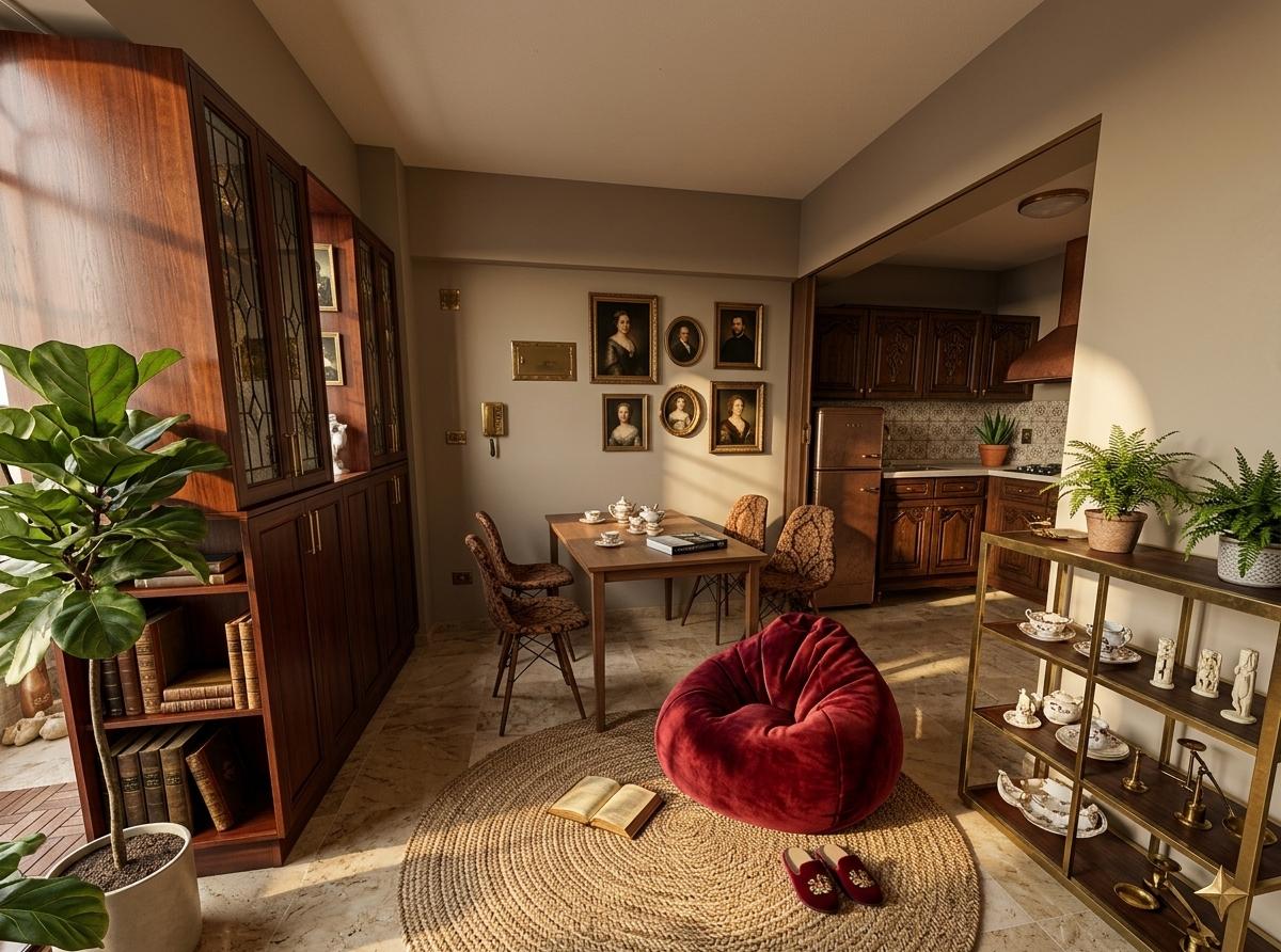 An incredibly lifelike, richly detailed, photorealistic interior photo of a grand living room set in a sophisticated urban apartment. The scene is illuminated by the warm glow of a late afternoon sun, casting dramatic shadows and creating an opulent, inviting atmosphere. Captured with a wide-angle lens, emphasizing the rich textures of velvet upholstery, intricate wood carvings, and the subtle sheen of antique brass accents. This reimagined Victorian elegance embraces a color palette of deep, luxurious reds, opulent golds, and refined, rich neutrals. Sunlight streams through tall, arched windows, illuminating a meticulously curated space. A plush velvet sofa in a deep crimson rests against a wall adorned with a classic portrait gallery, each frame a testament to timeless artistry. Adjacent to it, a generously sized armchair upholstered in a richly patterned damask fabric invites repose. A carved mahogany coffee table, its surface adorned with a substantial photography book and a delicate porcelain tea set, grounds the seating area. An antique Persian rug in muted jewel tones elegantly defines the space, its intricate patterns echoing the detailed carvings on a nearby ornate églomisé cabinet. Lush indoor plants, their verdant leaves contrasting with the warm hues of the room, are strategically placed, adding life and freshness. The surrounding walls are painted in a sophisticated, neutral tone, allowing the richly colored furnishings and heirloom decor to truly shine. The air feels still and refined, whispering tales of a bygone era, yet remains comfortably lived-in, perfect for quiet contemplation or intimate gatherings.