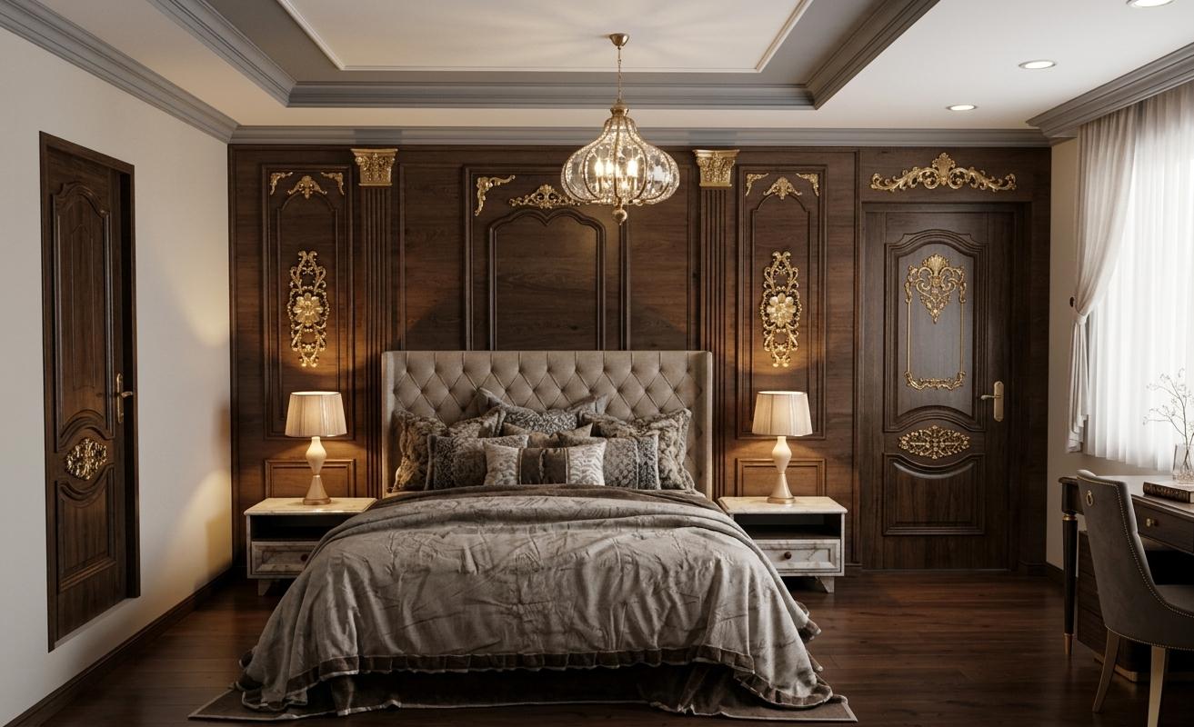 The photo presents an ultra-realistic rendering of a neo-classical bedroom, bathed in the warm glow of light between 3500-4500K, creating an atmosphere of serene Victorian elegance. The deep, rich wood paneling on the walls, meticulously detailed with intricate gold ornamentation, exhibits a convincing grain and subtle sheen, reflecting the ambient light. The central focus is a grand bed, draped in luxurious, slightly rumpled linens of muted grays and whites, their textures appearing soft and inviting. The headboard, upholstered in a tufted, beige fabric, has a subtle texture that hints at its plushness. Flanking the bed are classic nightstands with white, subtly reflective surfaces, each topped with a lamp whose warm light diffuses through a textured, cream-colored shade. The ceiling features layered crown molding, painted in a crisp white that contrasts with the darker walls and floor, where the dark wood grain is evident and catches highlights. A statement pendant light hangs centrally, its patterned shade emitting a soft, inviting luminescence. The ornate wooden doors on either side of the bed, with their detailed carvings and brass hardware, add to the room's opulent character, their surfaces showcasing the depth and texture of polished wood. To the right, a glimpse of a dressing table and chair, with upholstered seating and polished dark surfaces, suggests a functional yet elegant space, subtly catching reflections of the room's warm lighting. The overall composition is balanced and inviting, drawing the viewer's eye towards the masterfully designed bed and the sophisticated architectural details that define this neoclassical sanctuary.