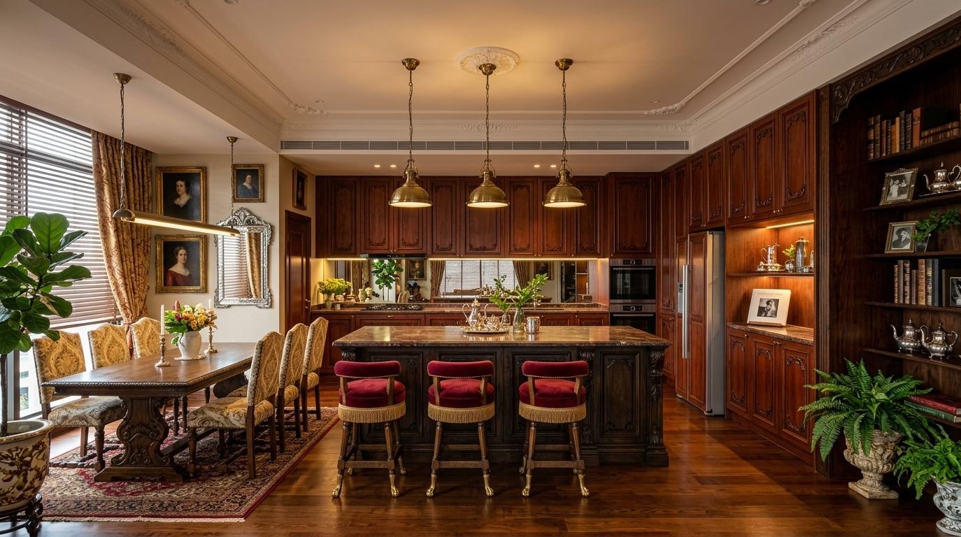 An incredibly lifelike, richly detailed, interior photo of a kitchen and dining area set in a grand urban residence. The scene is illuminated by a warm, inviting glow from strategically placed overhead lighting and accent lights within the cabinetry, creating a sophisticated and opulent atmosphere. Captured with a wide-angle lens, emphasizing the intricate details of Victorian elegance, the design incorporates deep reds, golds, and rich neutrals throughout. The existing modern cabinetry is reimagined with carved wooden facades and plush, upholstered bar stools in a deep crimson velvet. The dining table, currently sleek and minimalist, is replaced with an antique, dark wood piece featuring ornate detailing, surrounded by chairs upholstered in a rich, neutral tapestry fabric. Classic portrait wall art adorns the previously bare wall, and the floor, instead of the current dramatic marble, is a warm, polished hardwood. Curated surfaces display heirloom decor, including antique silver serving pieces and a prominently placed photography book, alongside lush indoor plants that add a touch of vibrant life. The overall spatial layout remains open, but the arrangement of furniture creates more intimate zones for dining and entertaining, with the grandeur of Victorian-inspired pieces balancing the functionality of a modern kitchen, all contributing to a timeless and refined aesthetic.