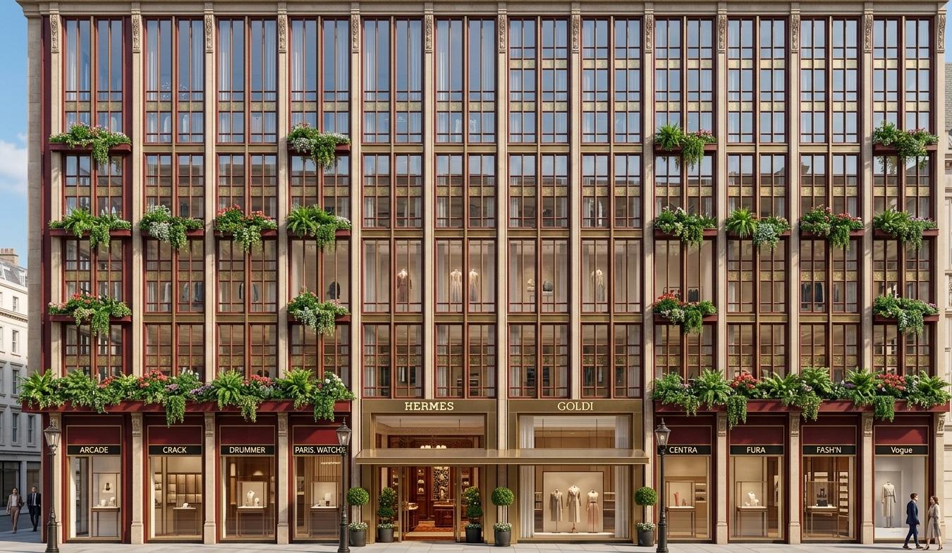 An incredibly lifelike, richly detailed, photorealistic architectural photo of a grand clothing store facade set in an elegant urban environment. The scene is illuminated by the bright, clear light of midday in spring, creating a vibrant yet sophisticated atmosphere. Captured with the perspective of a photography book, emphasizing the building's timeless Victorian elegance with its ornate detailing, lavish facade, and intricate fenestration. The building features a sophisticated palette of deep reds, golds, and rich neutrals, with prominent vertical elements framing rows of expansive windows. Lush greenery spills from planters adorning multiple levels, adding a touch of opulence and contrasting beautifully with the refined exterior materials. The ground level showcases a polished display of high-end boutiques, each with its clear branding, suggesting a curated selection of opulent fashion. The overall impression is one of grand, antique, and plush design, hinting at heirloom decor and a meticulously maintained, sophisticated establishment, perfectly suited for a classic portrait wall art.